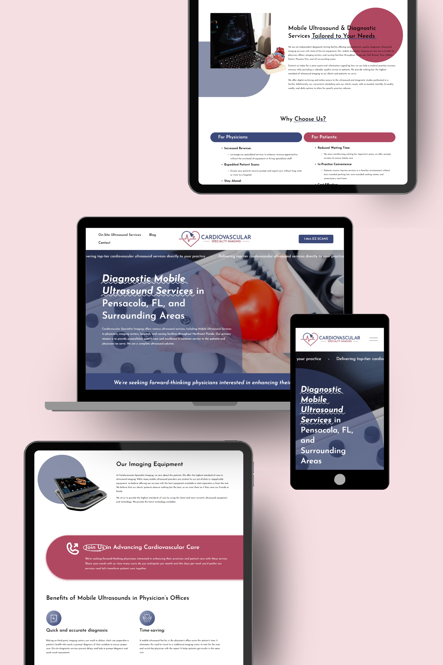 Multiple screens displaying a website for diagnostic mobile ultrasound services with images of ultrasound equipment, a heart model.