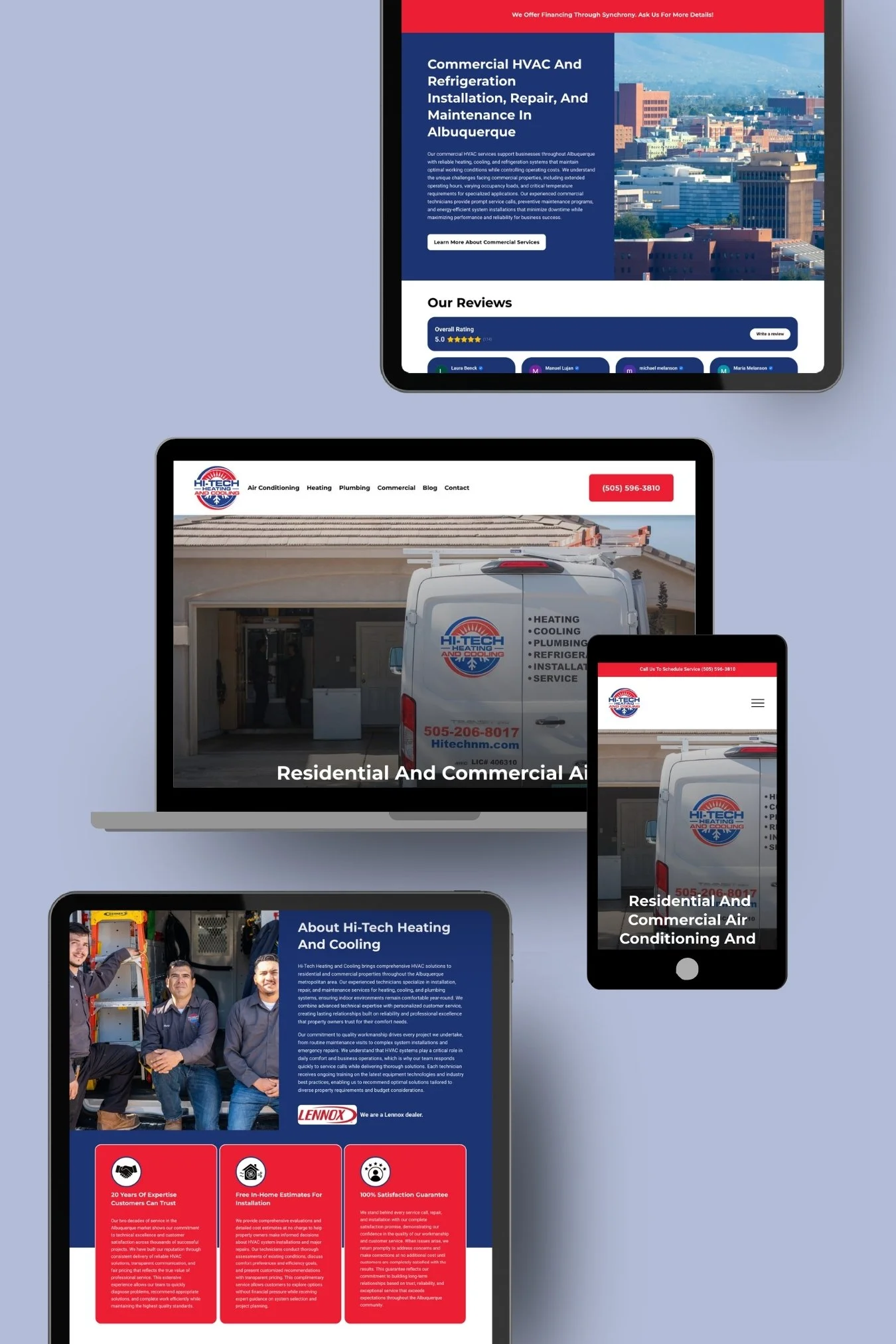 Screenshots of a website showing services like air conditioning, heating, plumbing, and refrigeration, with contact information and client reviews; background is light blue.