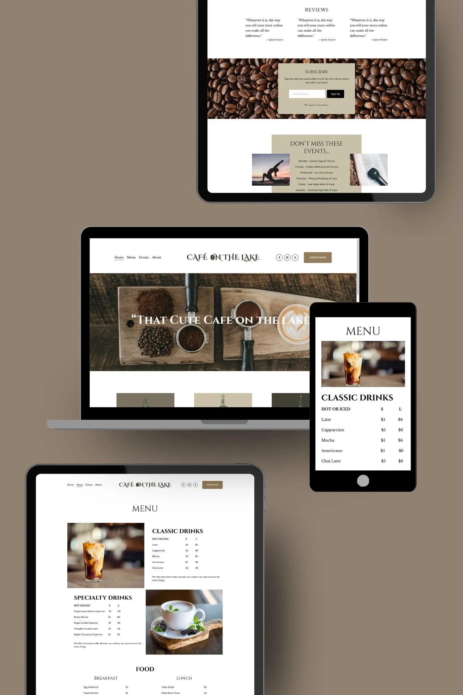 Multiple digital devices displaying a coffee shop's website and menu, including a laptop, tablet, and two smartphones, with backgrounds of coffee beans and coffee drinks.