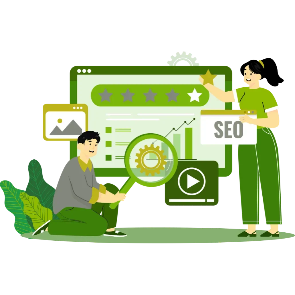 Illustration of two people analyzing SEO metrics on a computer screen, with charts, graphs, a magnifying glass, and SEO labels, surrounded by plants.