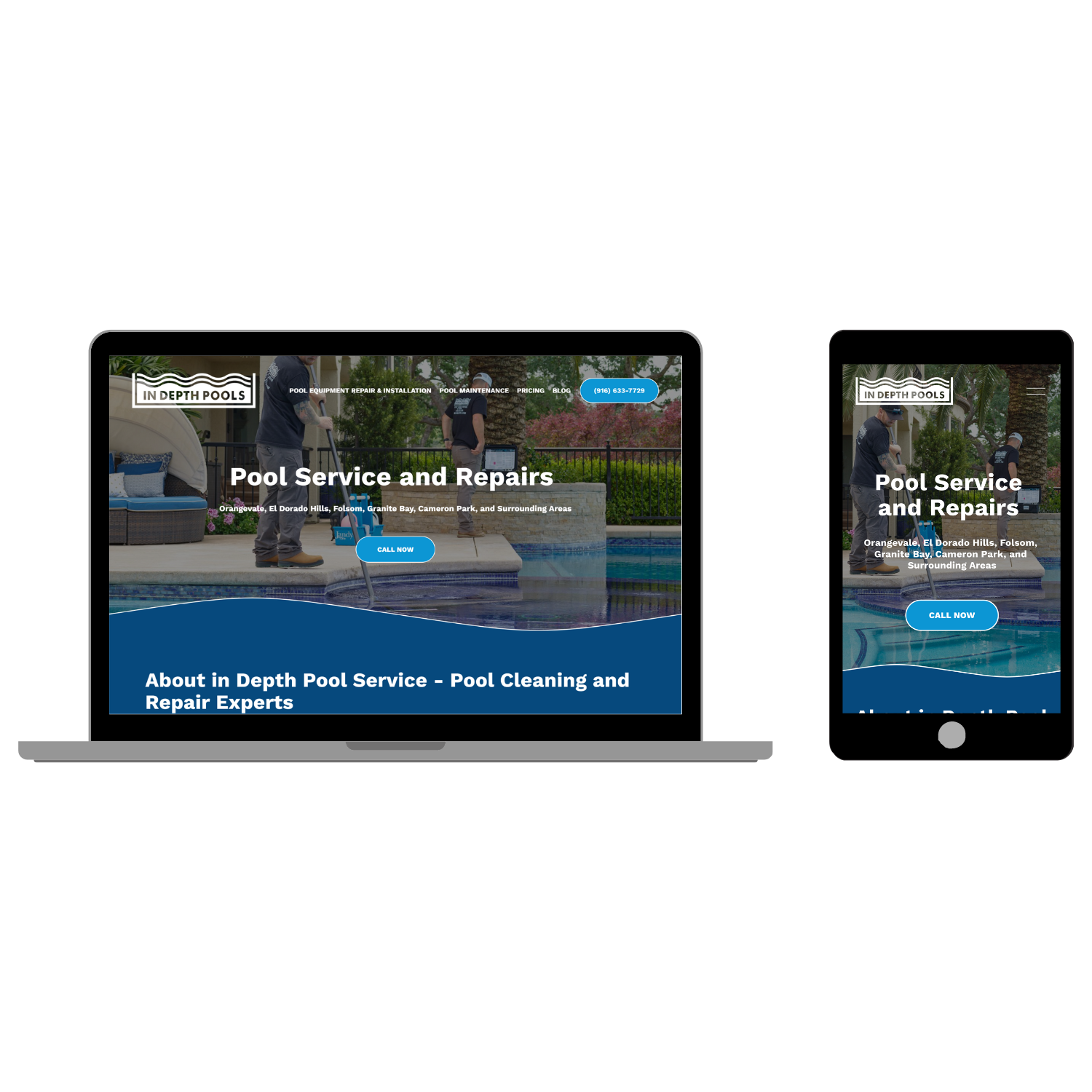Screenshot of a website for pool service and repairs, displayed on a laptop and a mobile device. The website features an image of workers repairing a pool, with a header menu, contact number, and call-to-action buttons.