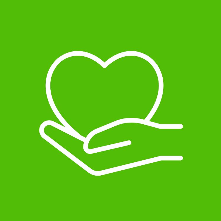 A white outline of a hand holding a heart on a green background.