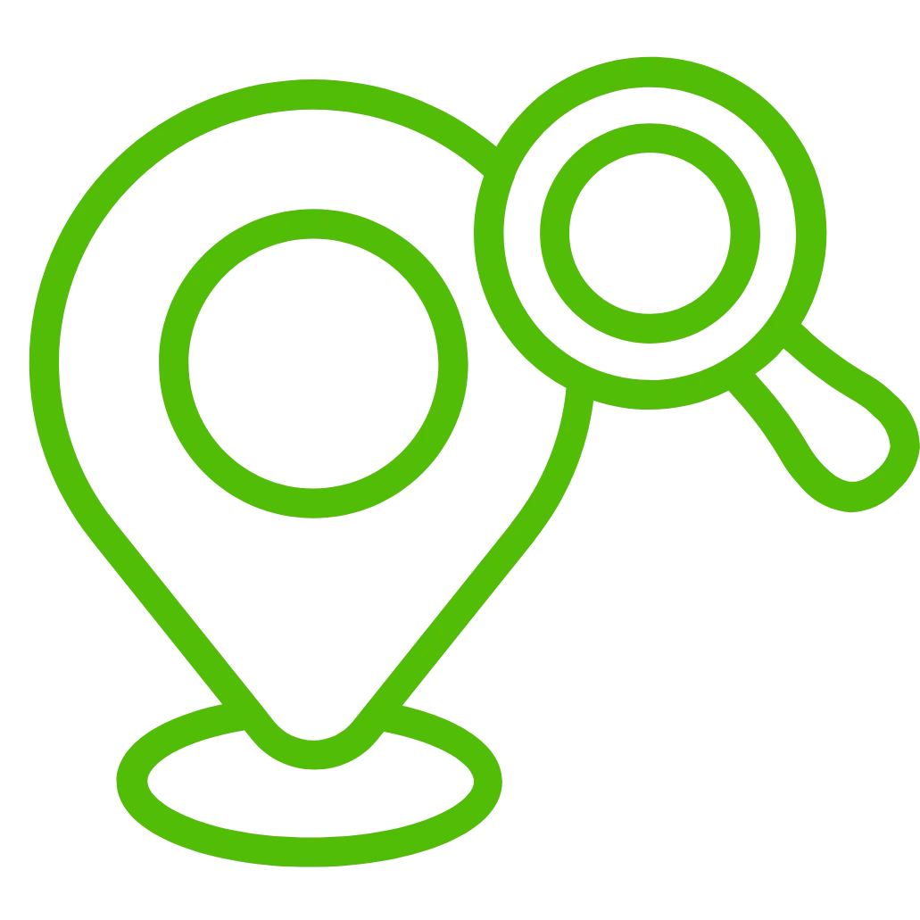 Green outline icon of a magnifying glass over a map pin, representing search or location research.