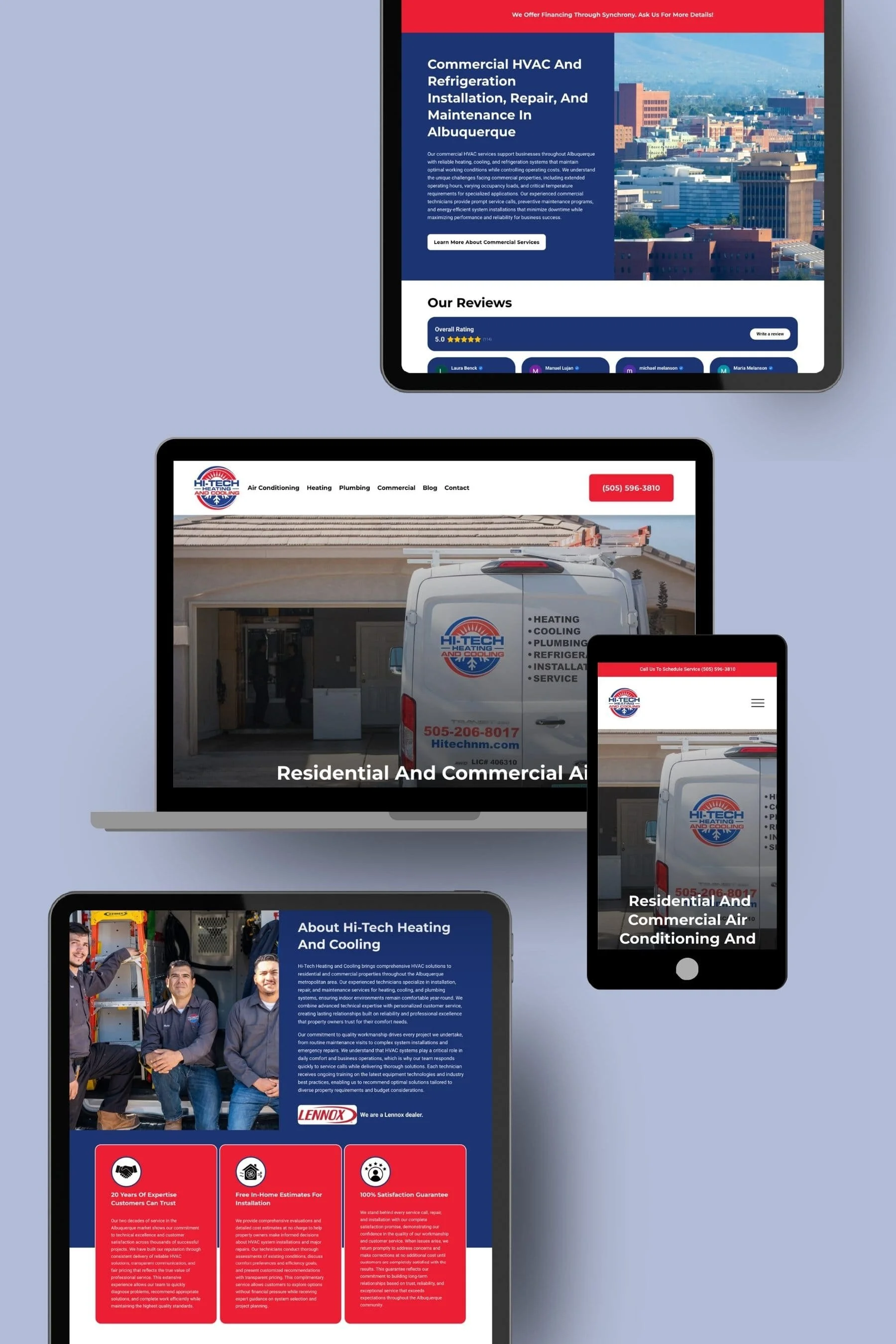 Screenshots of a HVAC website, showing services like air conditioning, heating, plumbing, and commercial installation. The website features a logo, contact phone number, and images of technicians and service vans.
