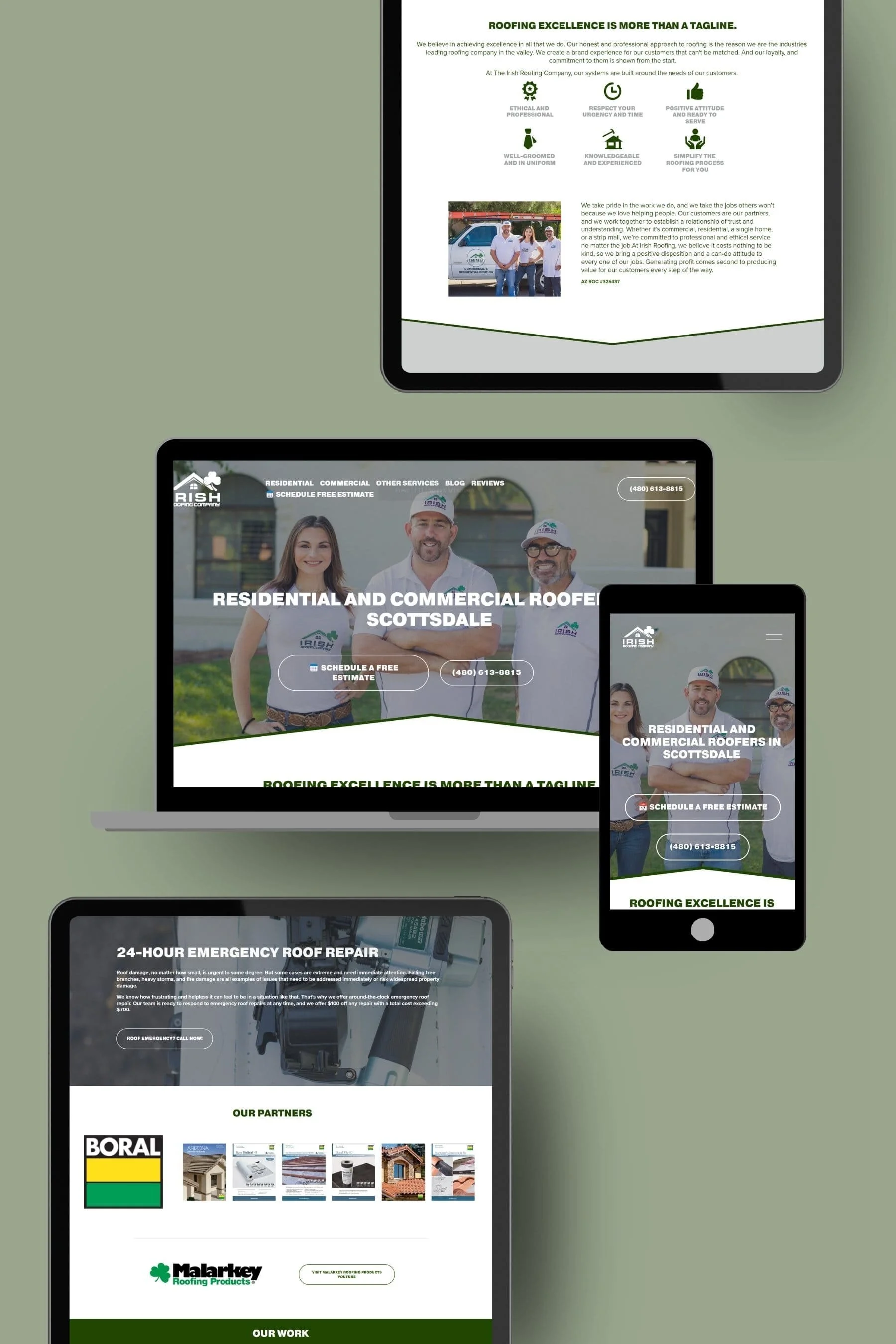 Screenshots of roofing company websites displayed on various devices, including a tablet, laptop, and smartphone, featuring images of workers and roofing services.