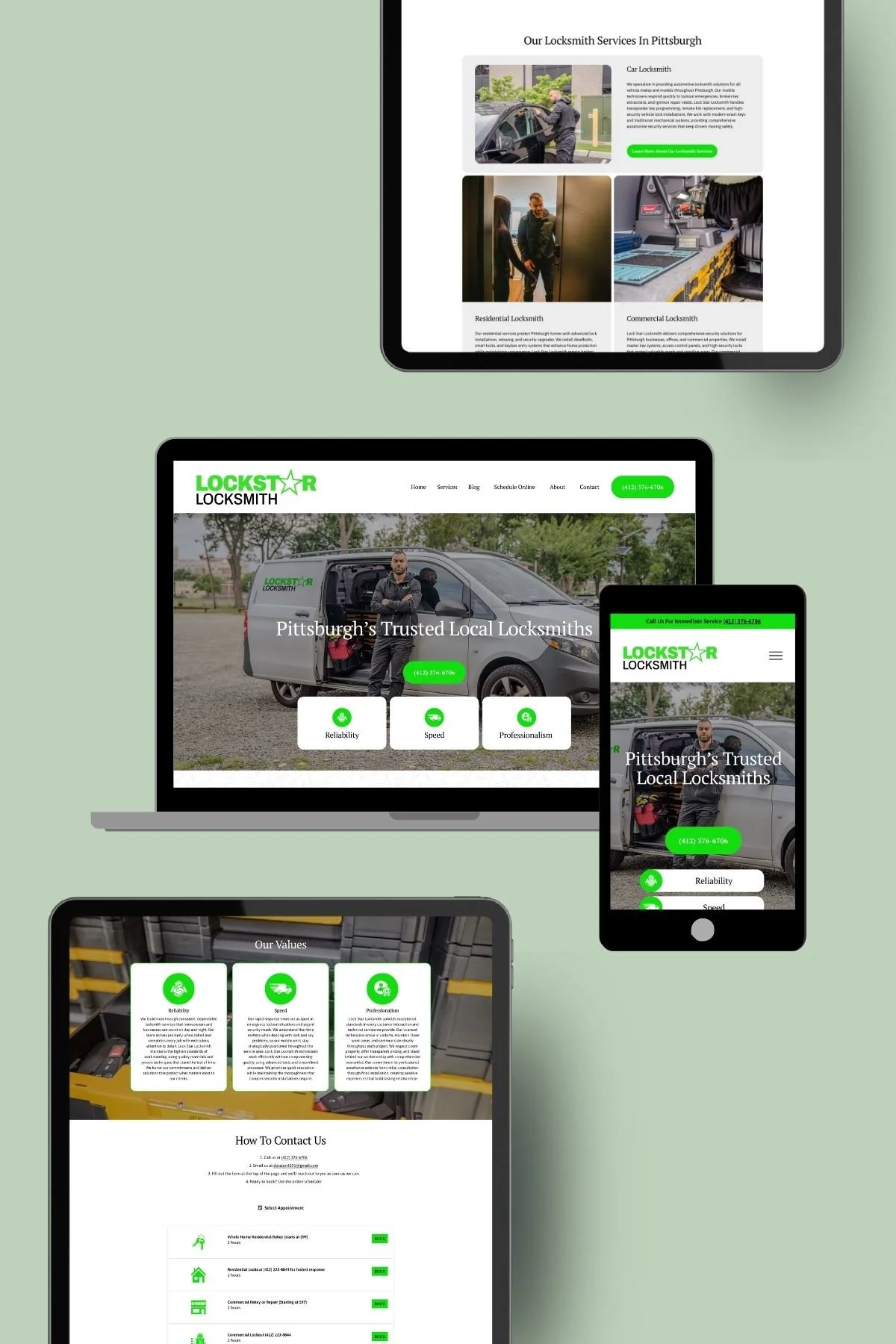 Screenshots of a locksmith company's website displayed on various devices, including a tablet, laptop, smartphone, and another tablet. The website features a green and white color scheme, images of locksmith services, a van, and contact information.
