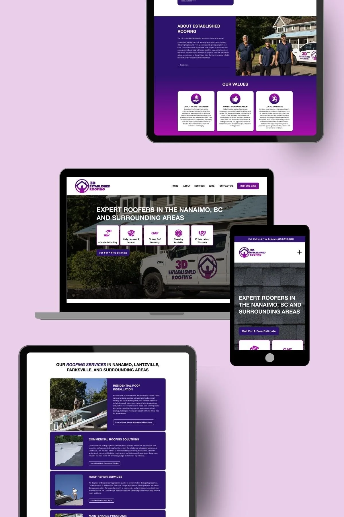 Screenshots of a roofing company's website displayed on various devices, including a laptop, tablet, and smartphone. The website features a purple and white color scheme, company logo, contact number, and sections about roofing services, with images of roofs and roofing trucks.