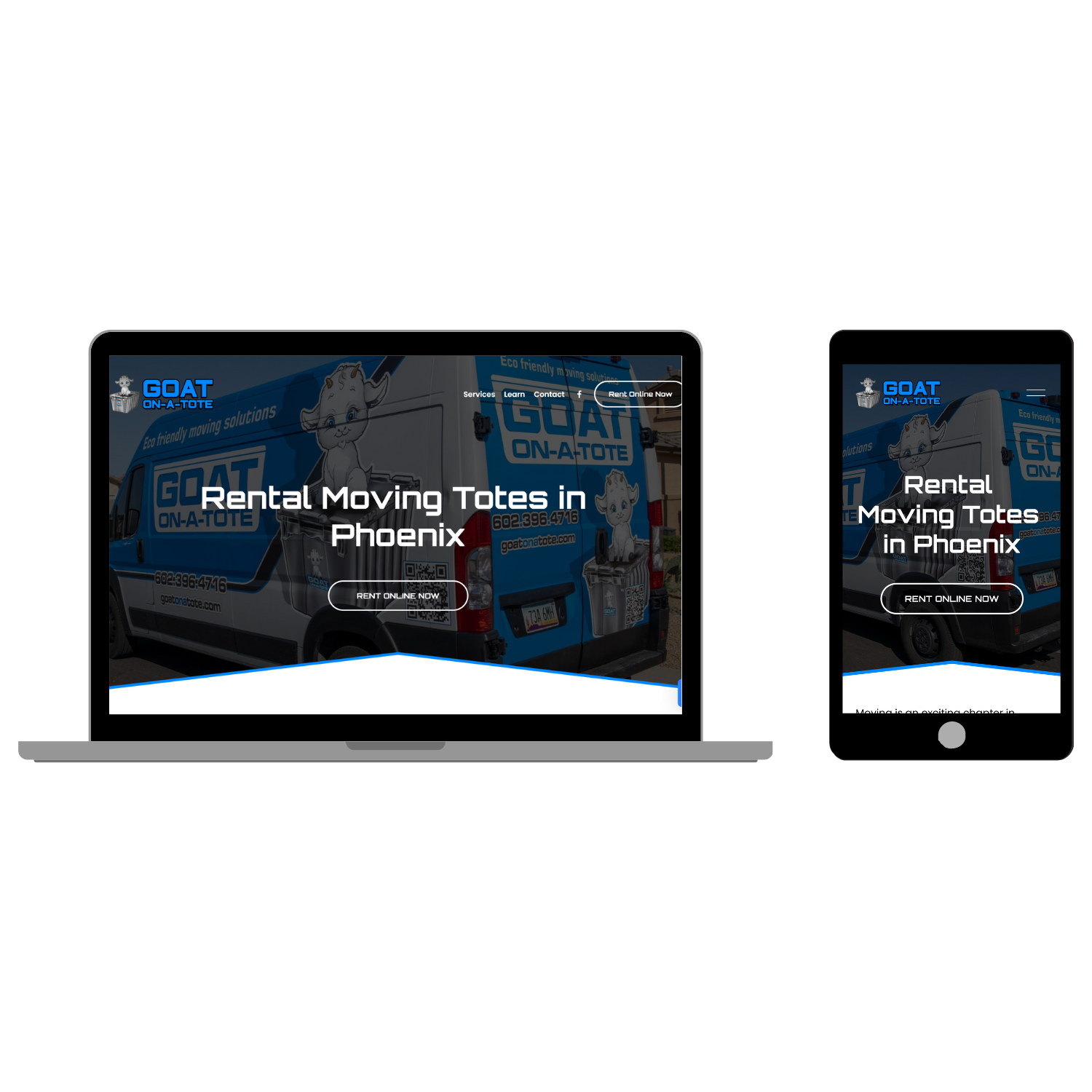 Website displayed on laptop and phone screens, a rental services, with a blue and white moving van featuring a cartoon goat mascot, and options to rent online.