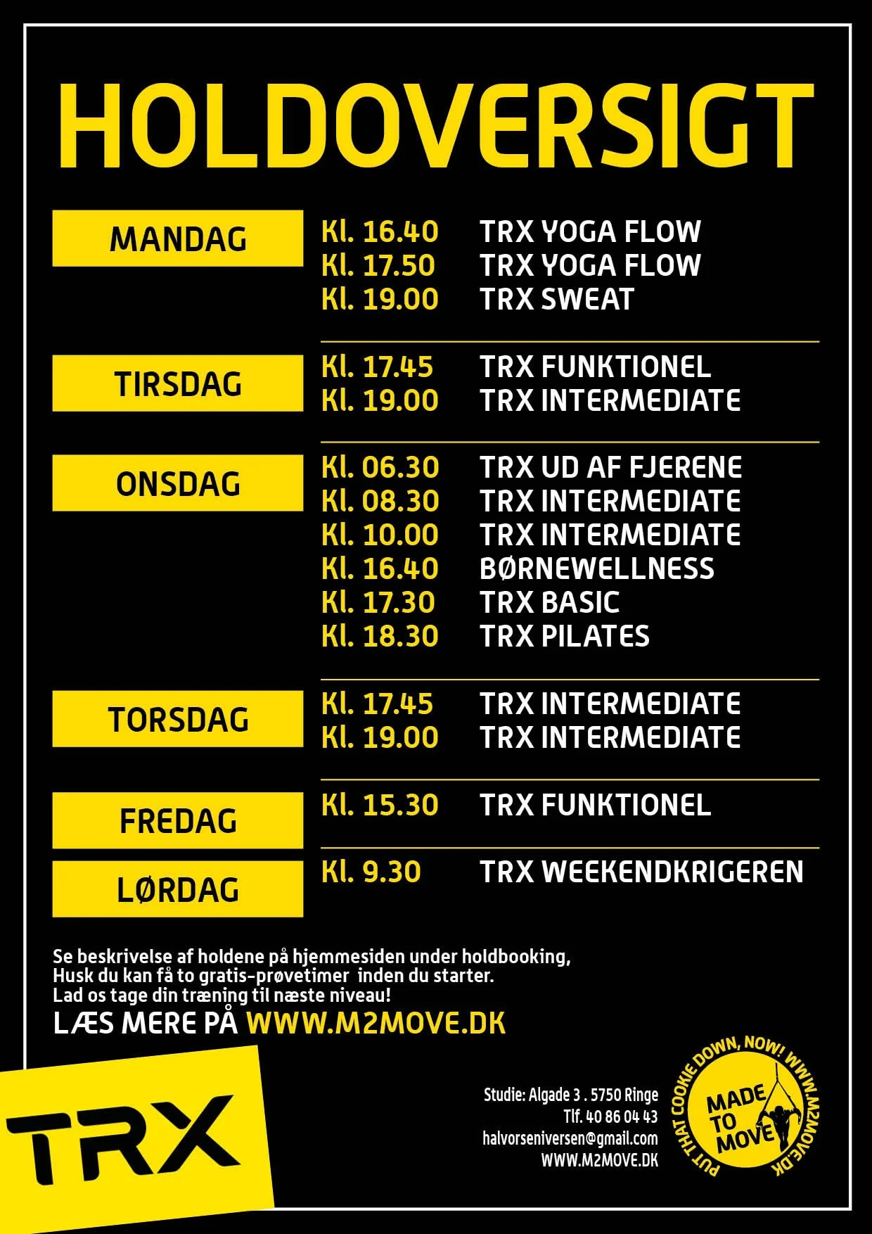 Holdoversigt for TRX fitness klasser med ugentidspunkter og klasser på forskellige dage.