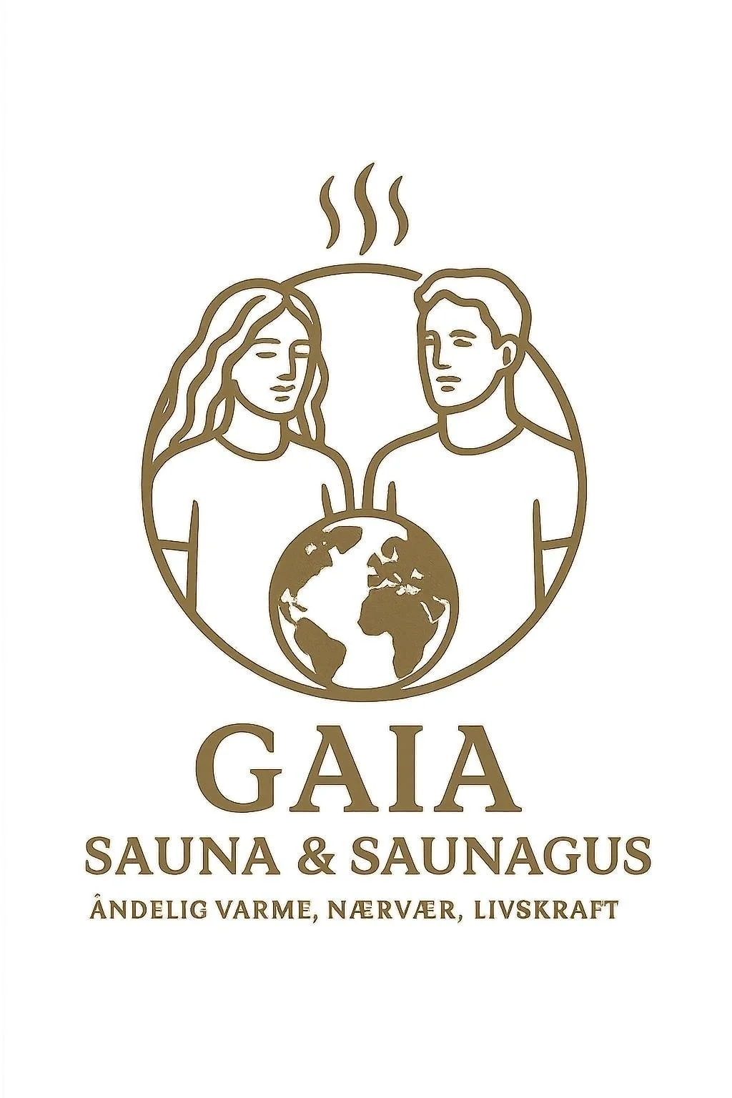 Logo for Gaia Sauna & Saunagus med illustration af en mand og kvinde, et jordklode symbol og dampende varmebølge, med teksten 'GAIA Sauna & Saunagus' og beskrivelser af åndelig varme, nærvær og livskraft.
