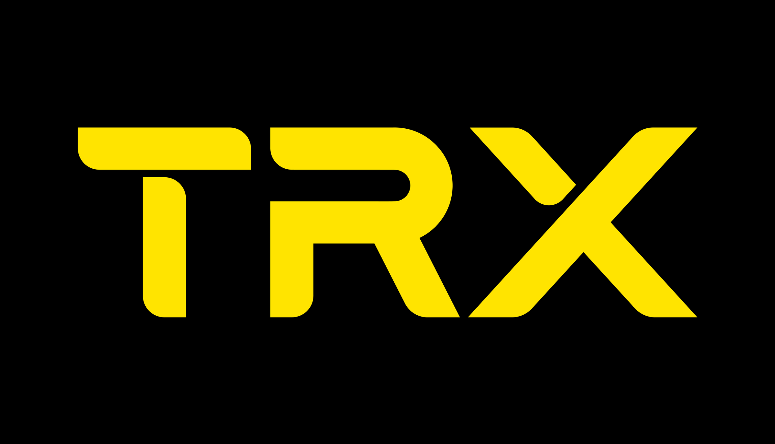 Farvestrålende logo med teksten TRX i gule bogstaver på sort baggrund.