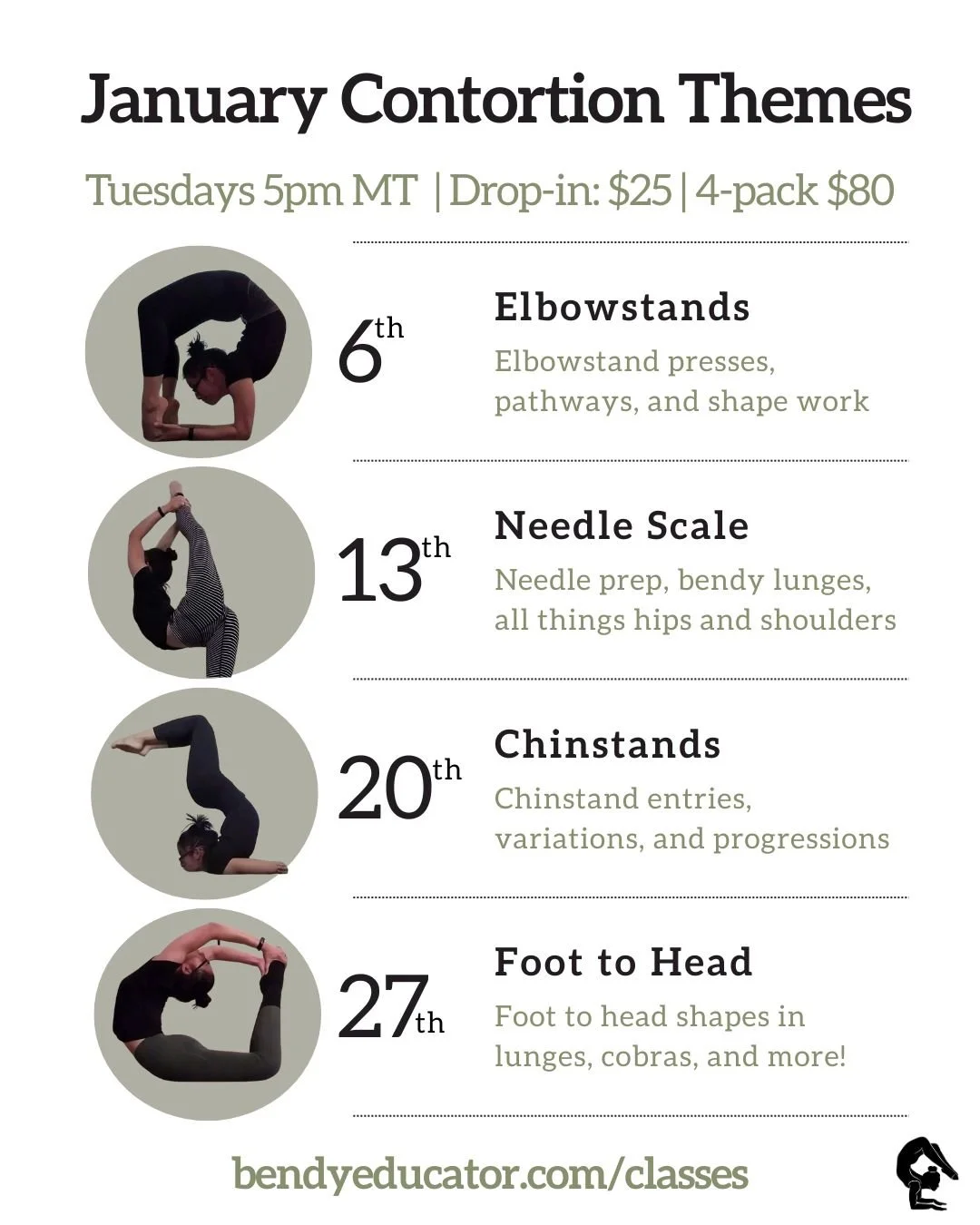 Looking forward to this class line-up to kick off 2026! Classes are always all-levels with progressions provided, and class size is capped at 8 so you can get feedback in real time. Come join the bendy fun with us 🤗

#contortion #flexibilitygoals