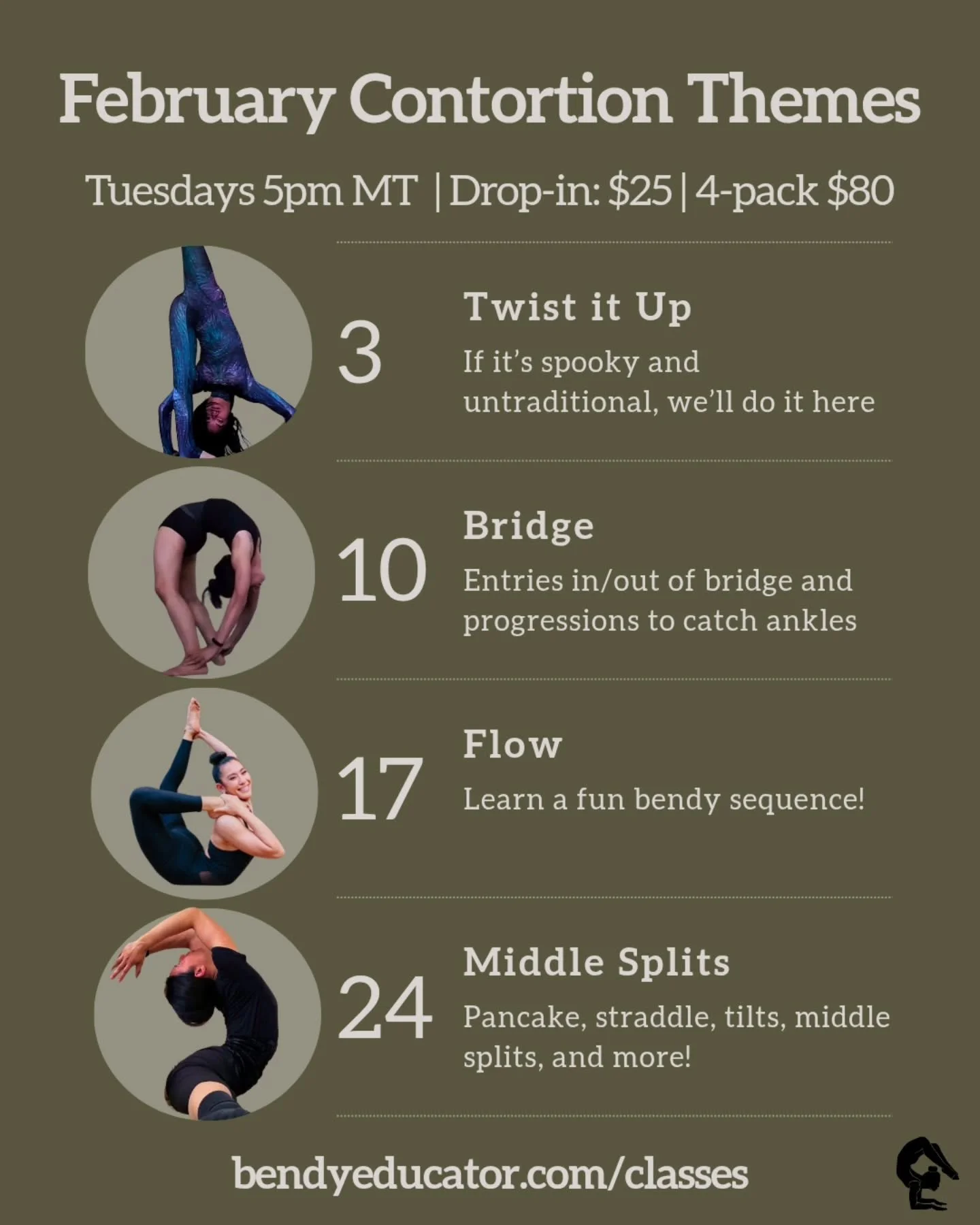 ✨Tuesdays Online Contortion Class 5pm MT / 7pm ET 

Each class will start with some conditioning, move into stretches, and finish with shapes + transitions 🤗

LMK if you've any questions and hope to see you in class. Registration at bendyeducator.co