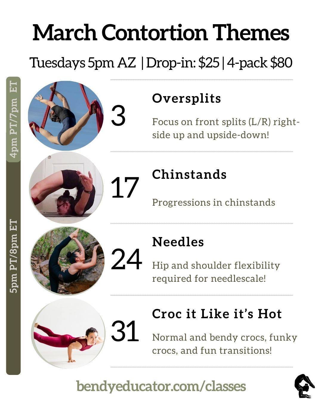 March Contortion schedule is liiiiiiive!

Fun/weird fact: Arizona does not participate in daylight savings. That means class times stays 5pm AZ but your time may shift. BEFORE daylight savings it will be 4pm PT/7pm ET and AFTER daylight savings start