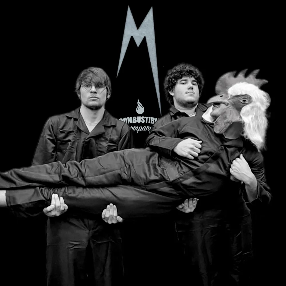 Three cast members of Machinal in black coveralls carry a fourth actor wearing a rooster mask, beneath the Combustible Company logo.