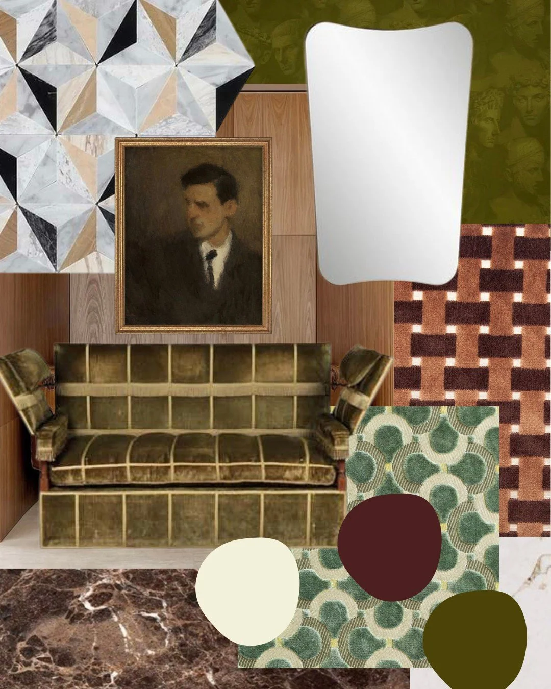 VALLEJO VIBES⁠
⁠
Earthy, moody, and just a little mysterious. This palette mixes patinaed velvet, sculptural forms, and timeless textures&mdash;designed for spaces that feel collected, lived-in, and deeply personal.⁠
⁠
Mood boards, design presentatio