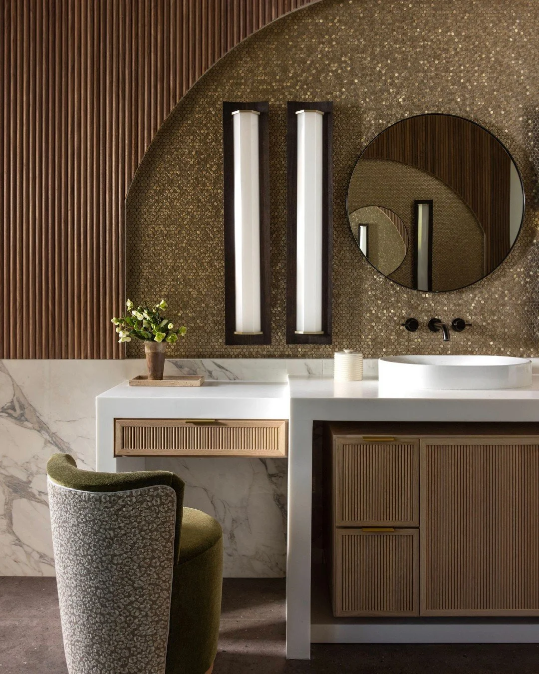 Terra Moda wasn't just tailor-made; it was invented.⁠
⁠
Every detail of Terra Moda's primary bathroom invited a level of customization that allowed our team's creativity to truly shine. Floating vanities set and wrapped inside an open box, matte resi