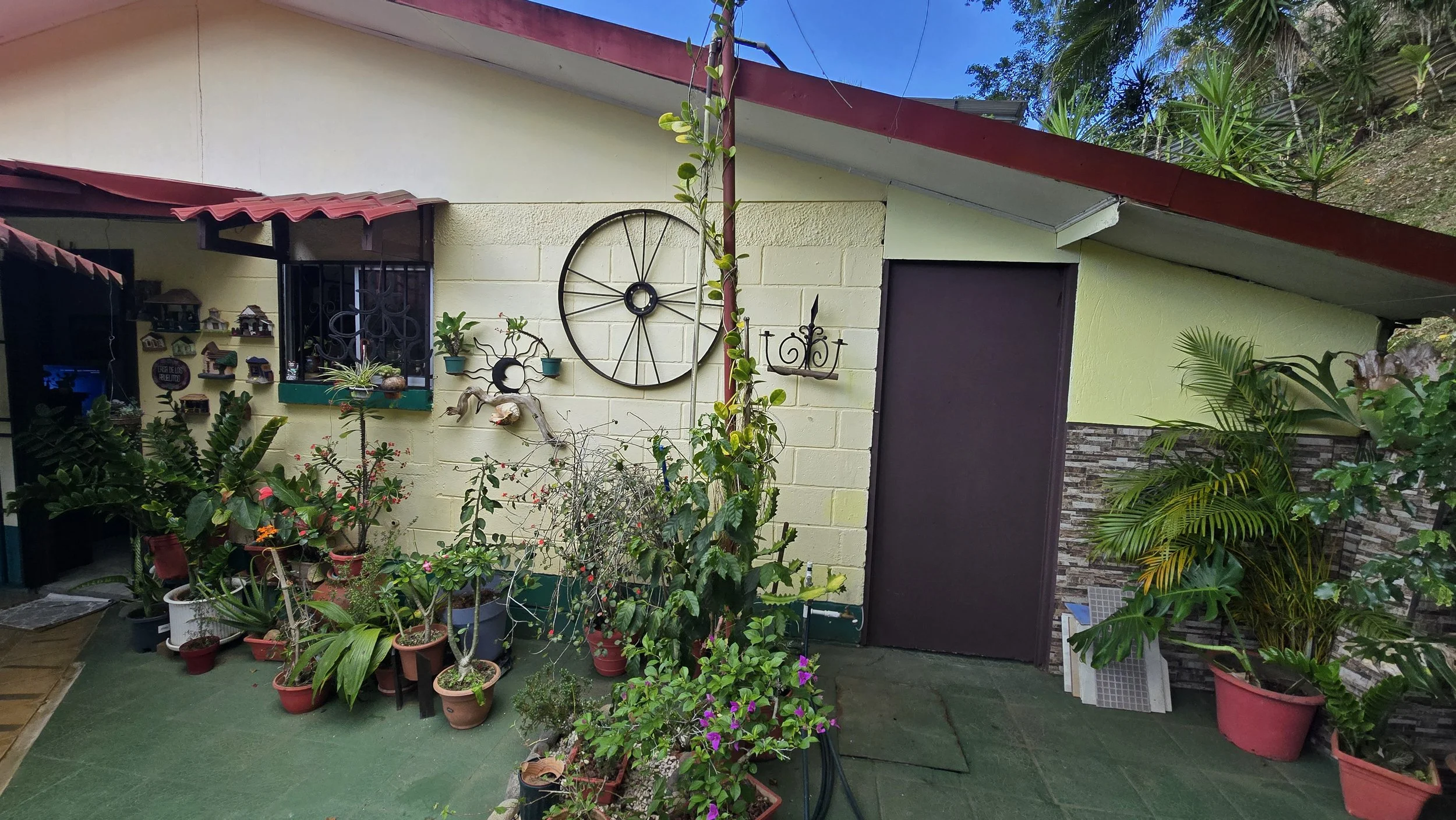 A small outdoor patio area with potted plants and decorations, including a wheat wheel and wall-mounted candle holder, against a yellow brick wall and house with a sloped roof.