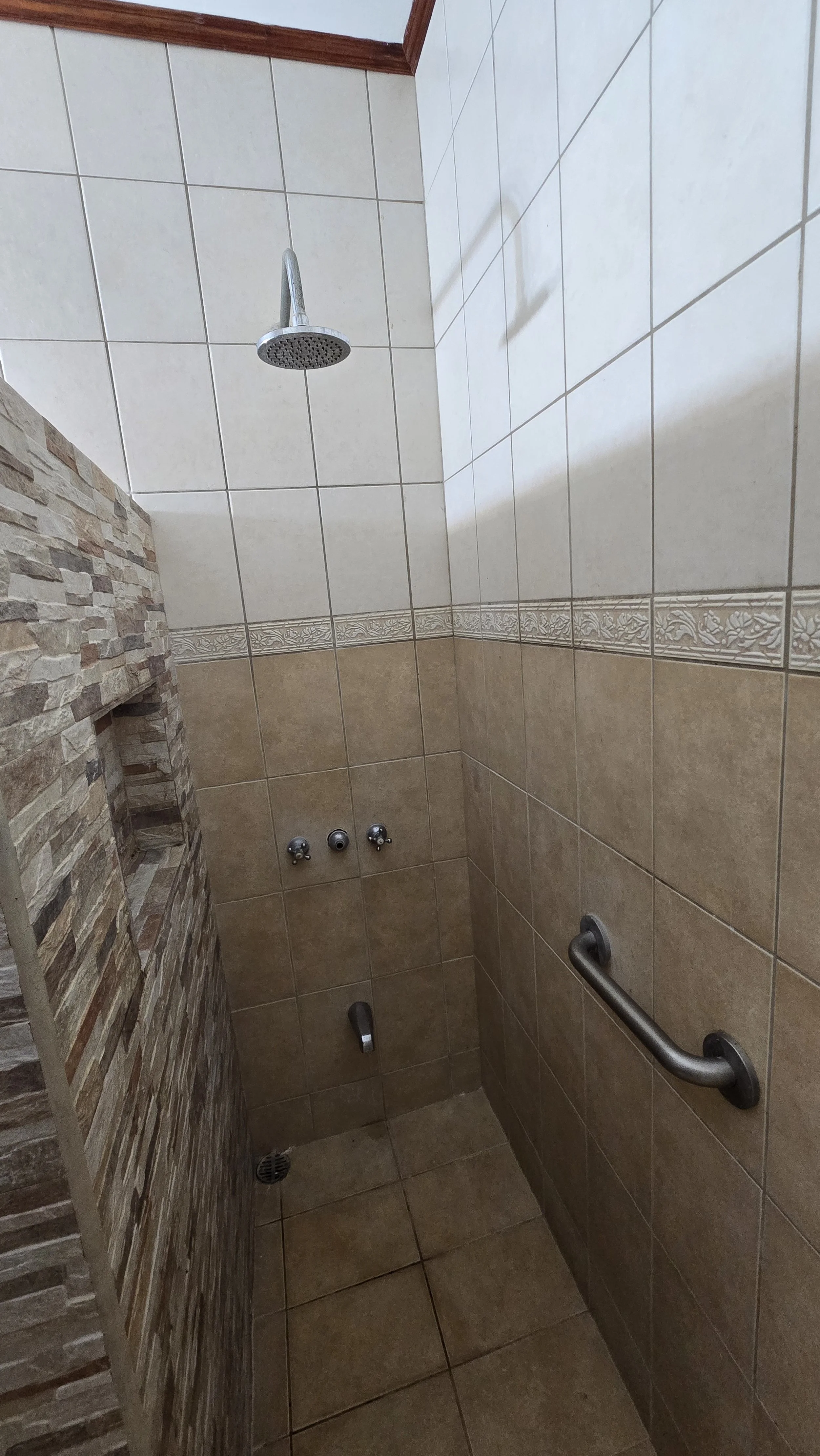 Shower stall with brown and beige tiles, a rain shower head, grab bar, and wall niche for toiletries.