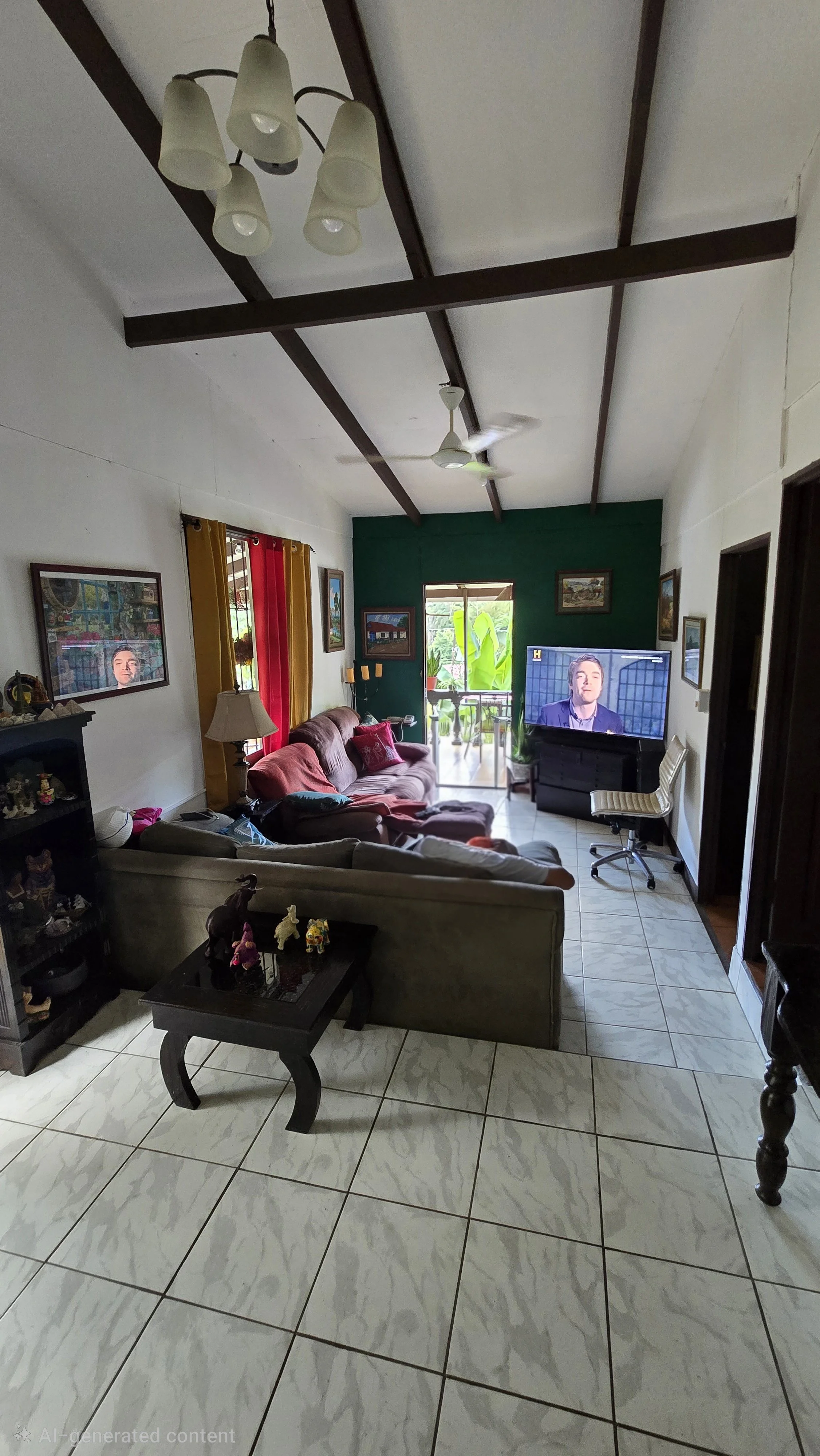 Living room with tiled floor, two sofas, colorful curtains, a wall-mounted TV, and artwork on the walls. There is a balcony visible through a sliding glass door, and ceiling fans and a chandelier are mounted on the ceiling.