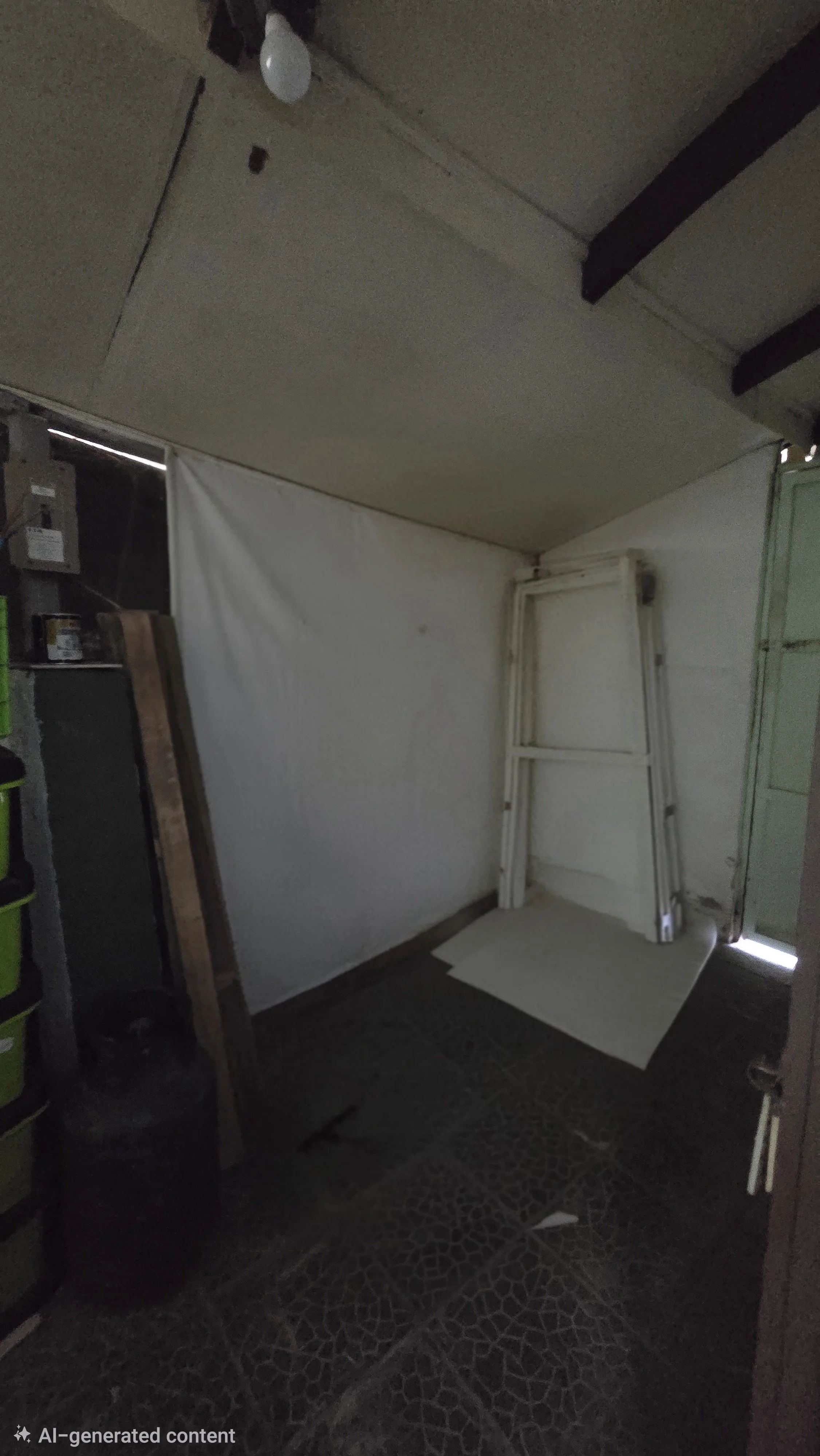 A small room with a white wall on the left, stacked white folding tables leaning against the wall, a ladder, and some black and green storage bins on the left. The ceiling has a light bulb, and there is a partially open door on the right.