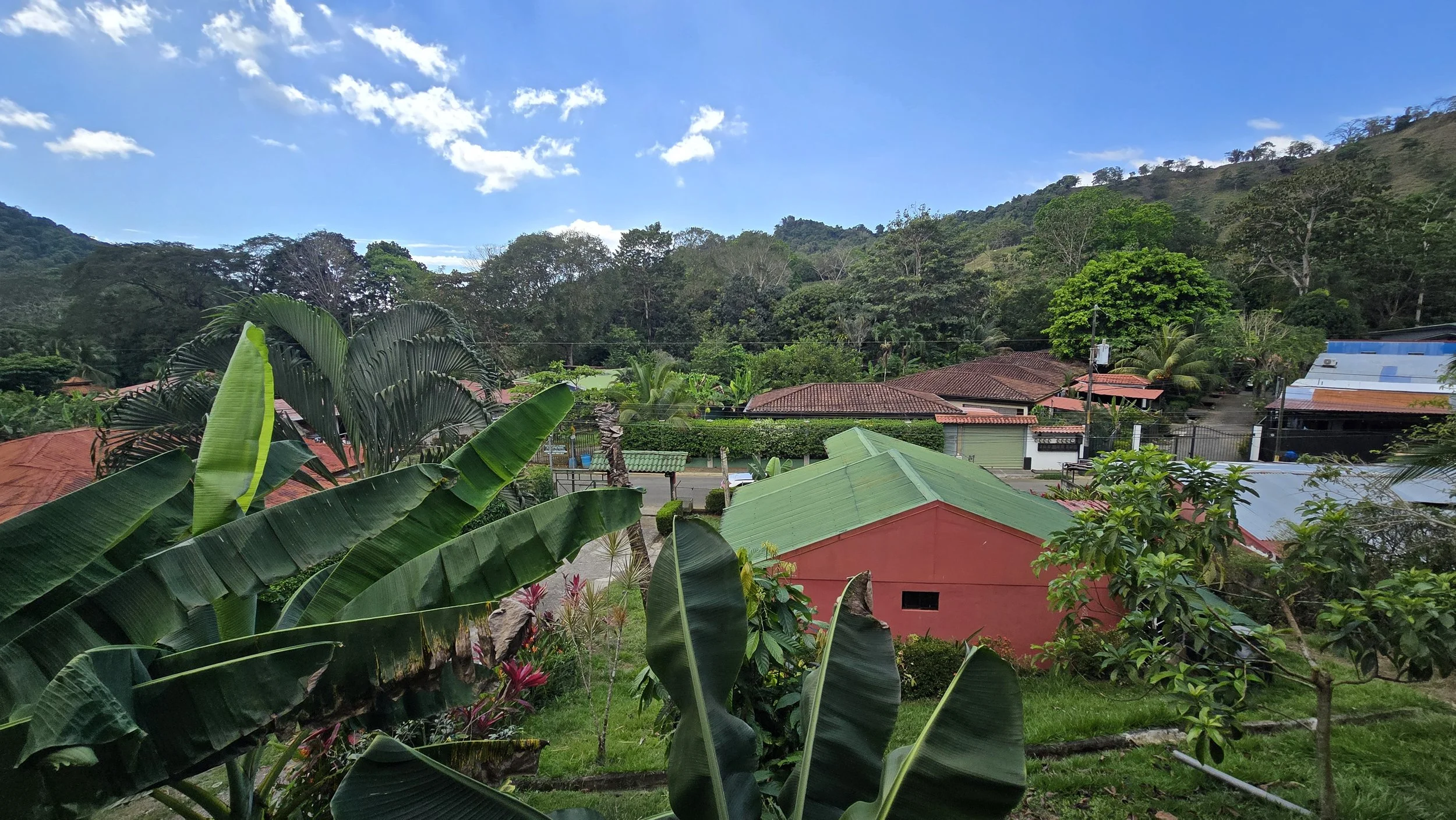 View of a tropical residential area with houses, lush green trees, and mountains in the background under a partly cloudy blue sky.