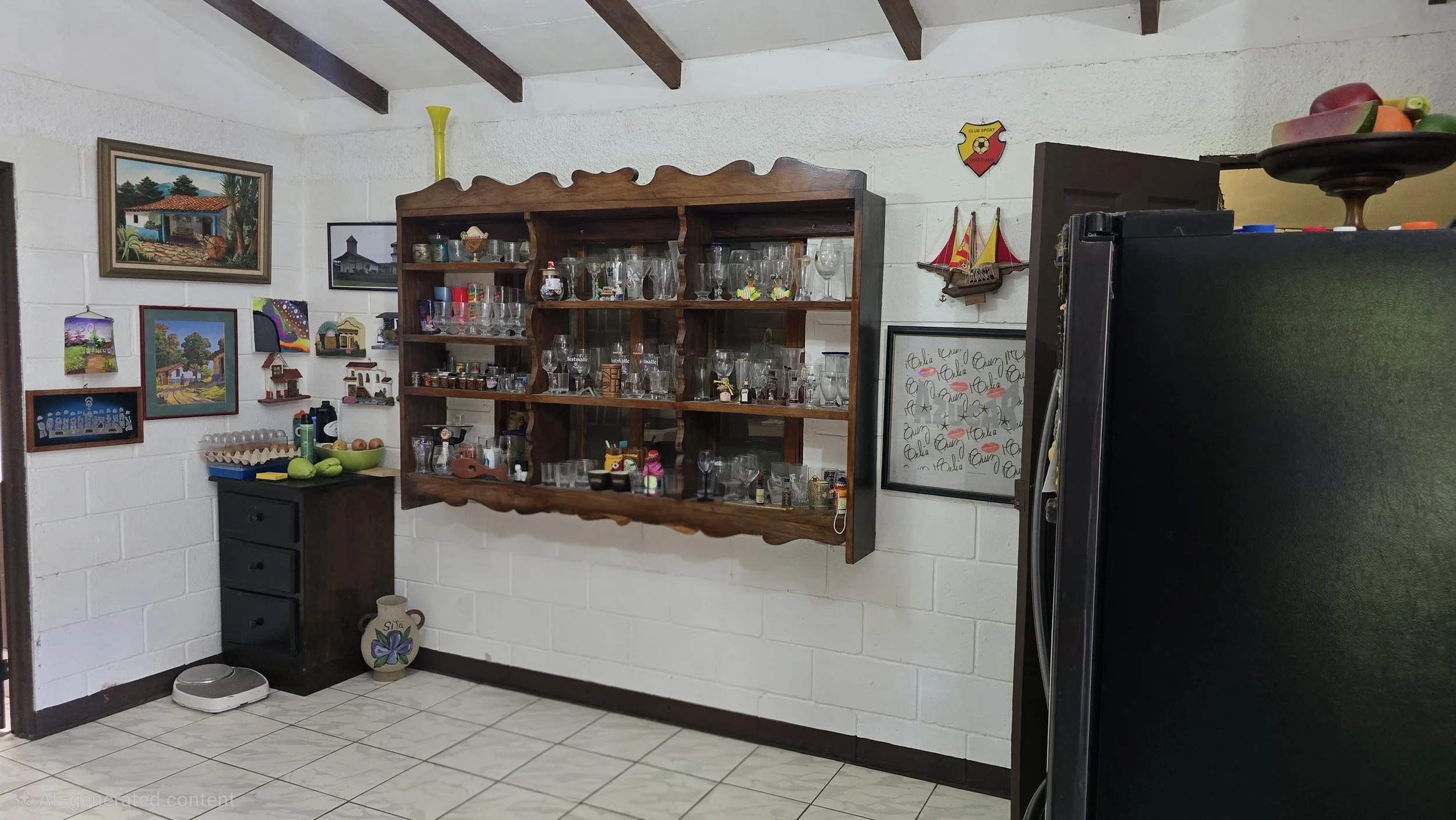 Living room with a white brick wall, wooden ceiling beams, decorated with hanging artworks, a large wooden glass cabinet filled with glassware, a small black cabinet with a green bottle on top, and a black refrigerator. Fridge top has a bowl of fruit