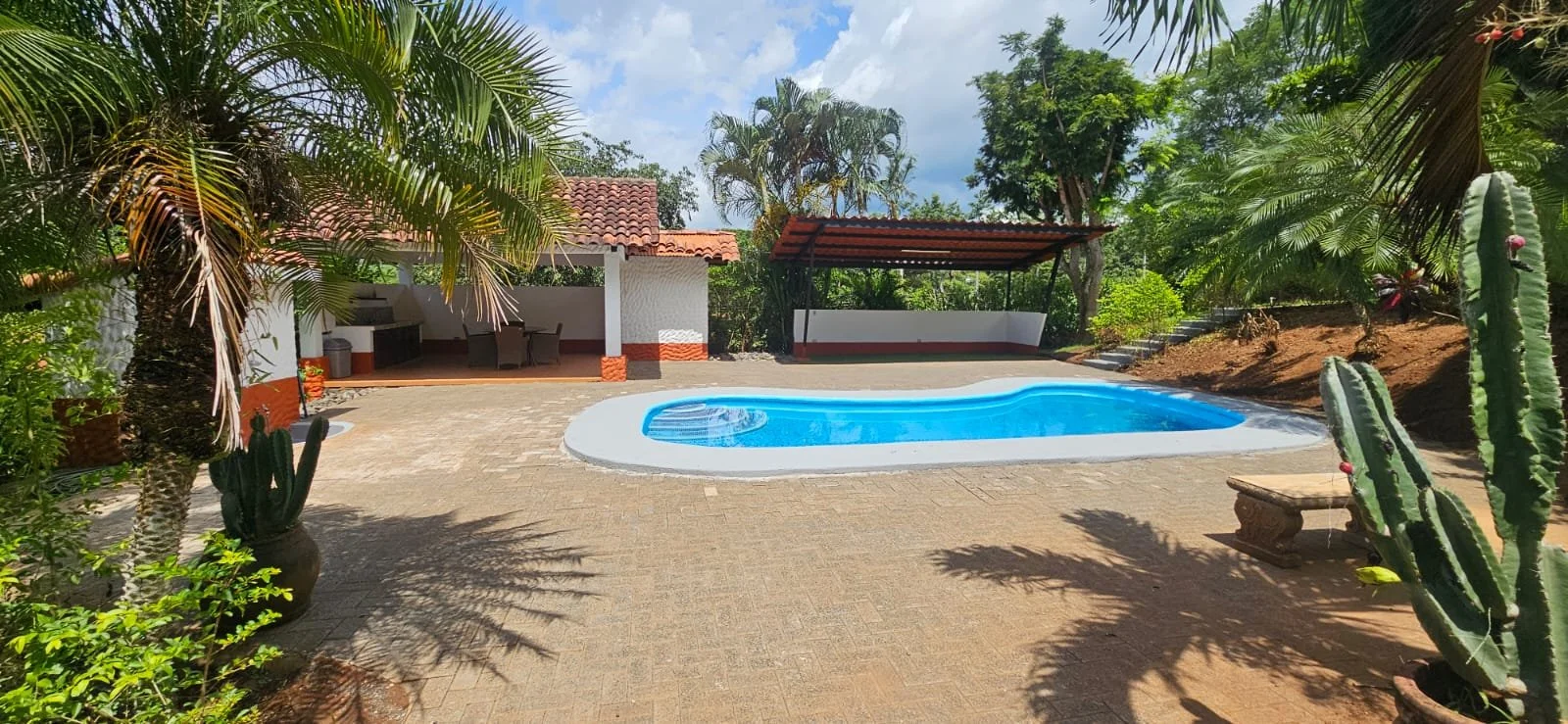 A backyard with a swimming pool, surrounded by tropical plants and trees, including cacti and palm trees. There is an outdoor seating area with a roof and a shaded area with chairs and a table.