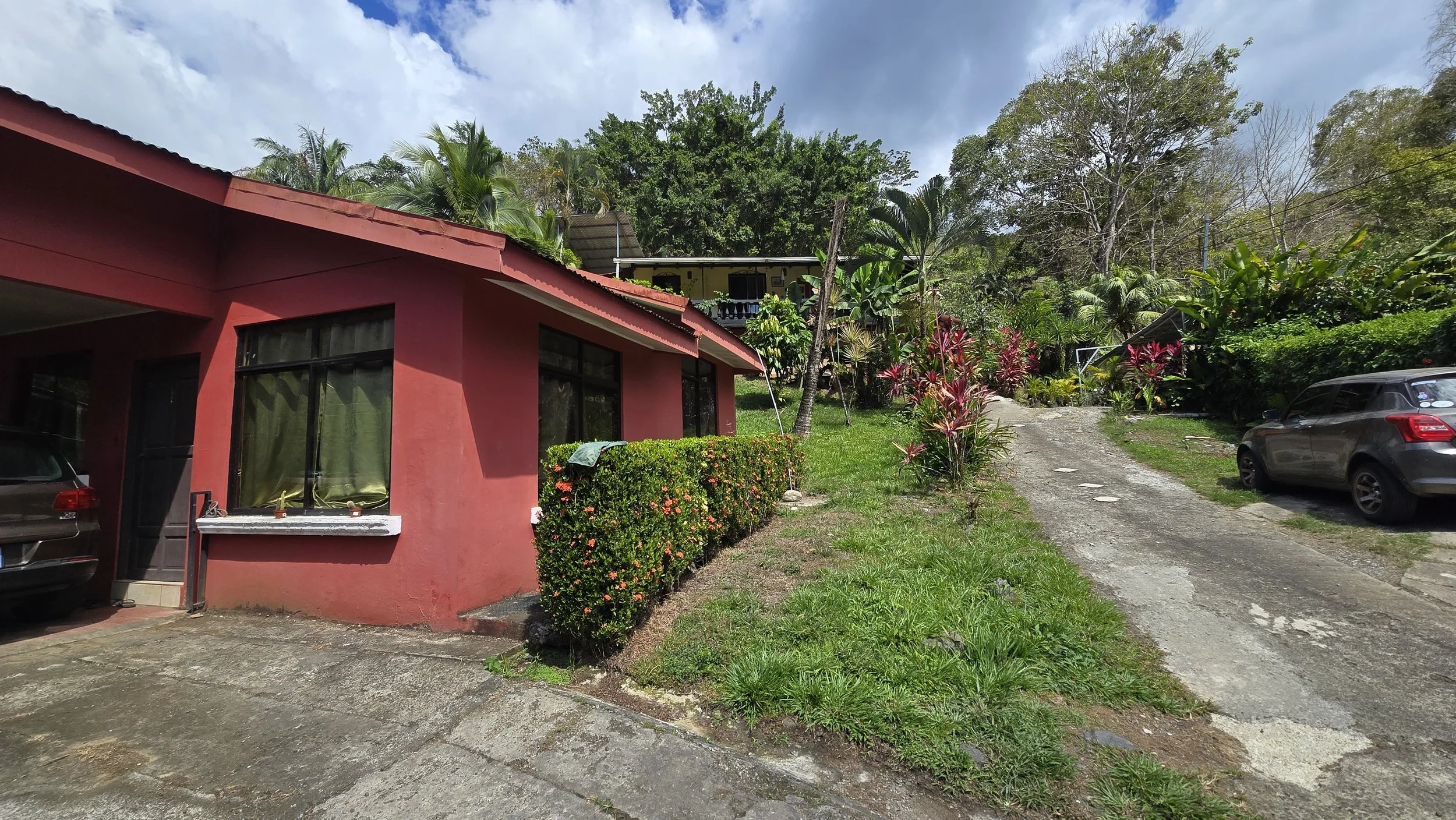 A pink house with large windows and a driveway, surrounded by lush green plants and trees, with a gravel road leading up to it and parked cars nearby.