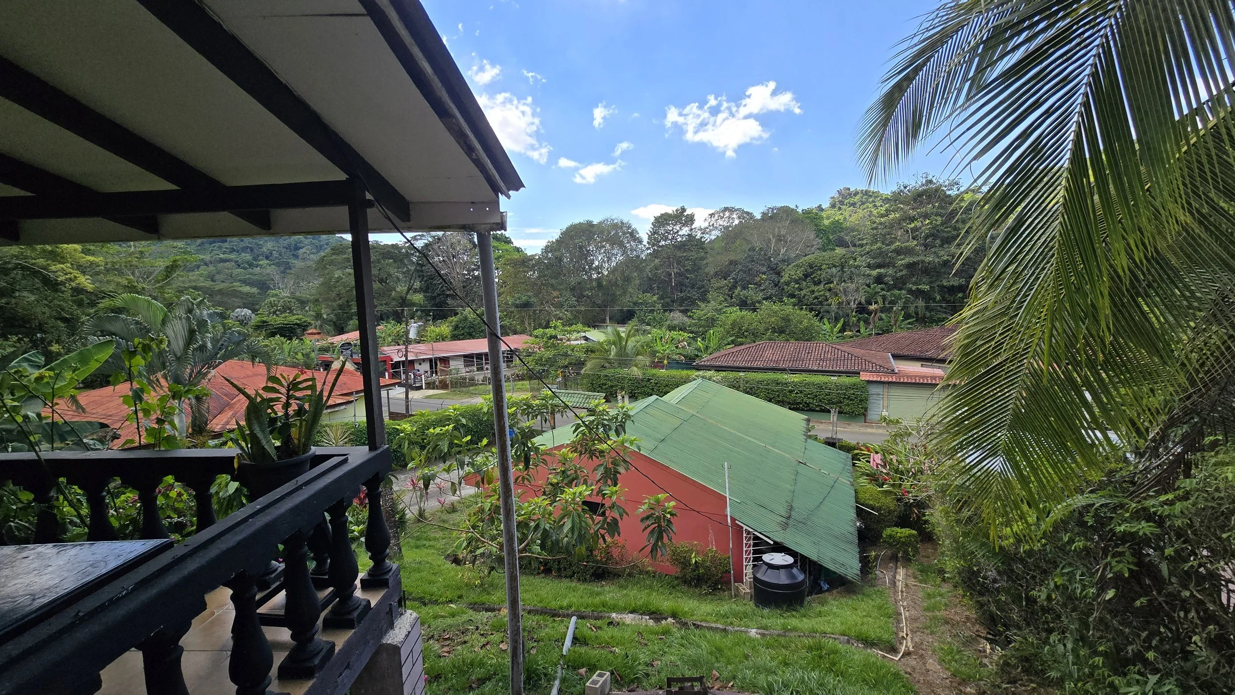 View from a balcony showing a lush, green residential area with houses that have red and green roofs, surrounded by trees and vegetation under a bright blue sky with scattered clouds.
