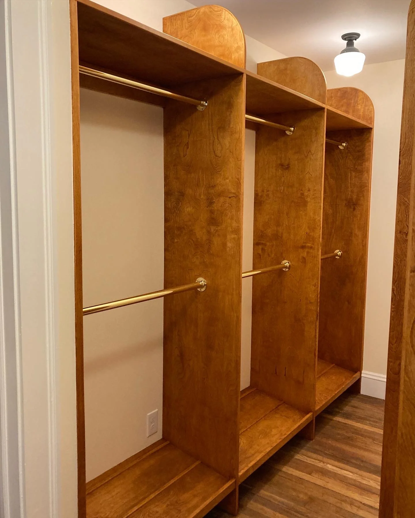 Wooden closet with multiple compartments, hanging rods, and light fixture