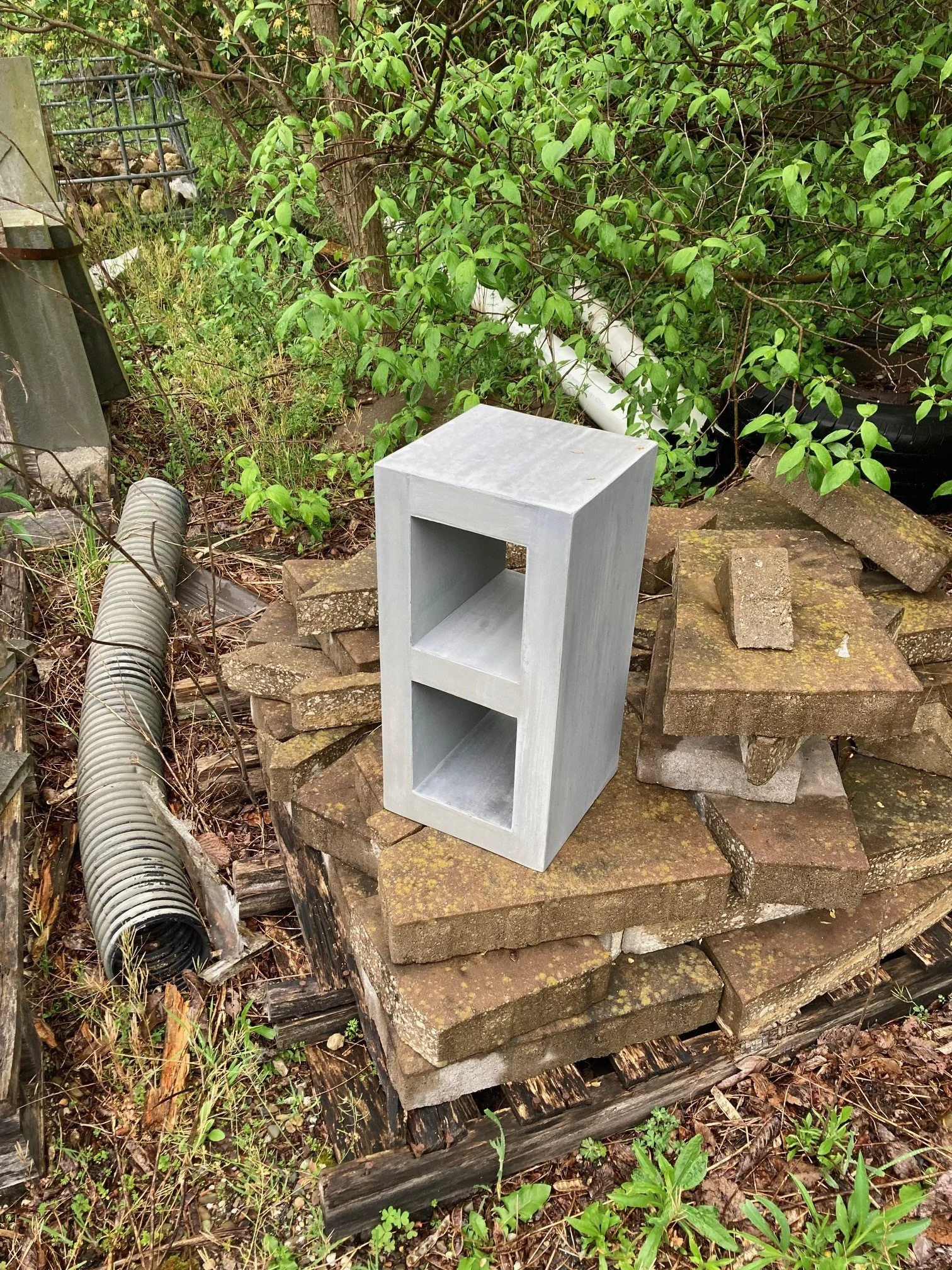 Gray concrete cinder block on pile of bricks in overgrown outdoor area with plants and debris.
