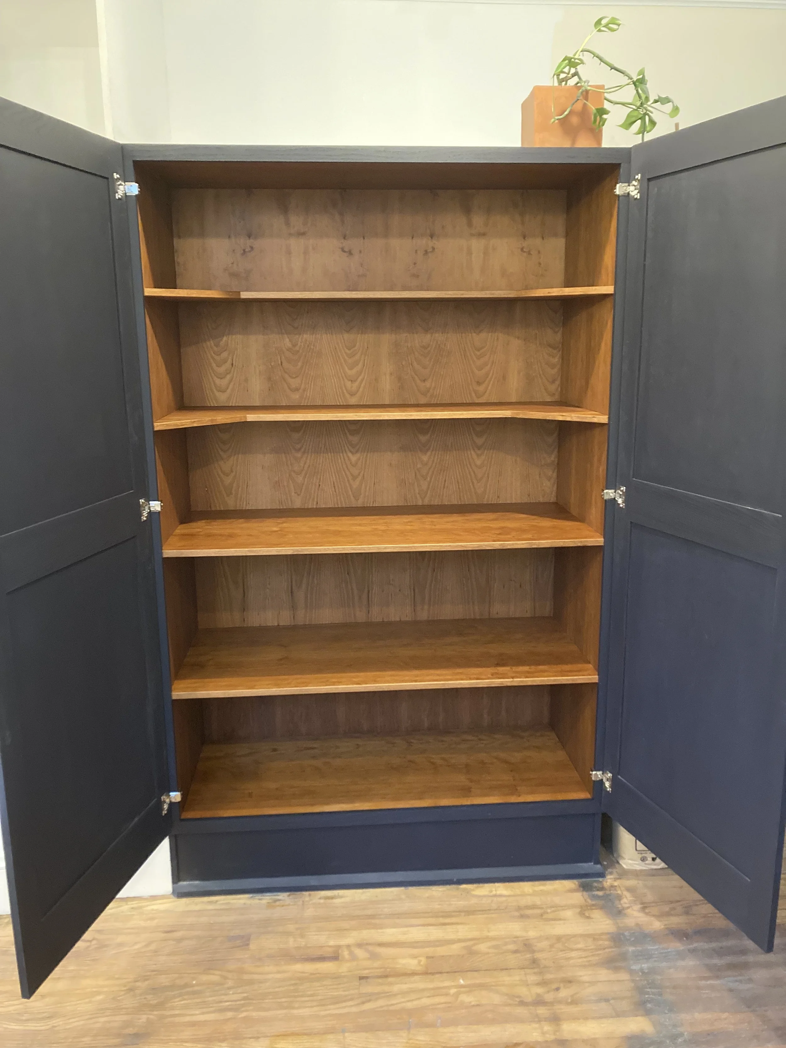 Open wooden cabinet with shelves and dark-colored doors, empty interior, plant on top.