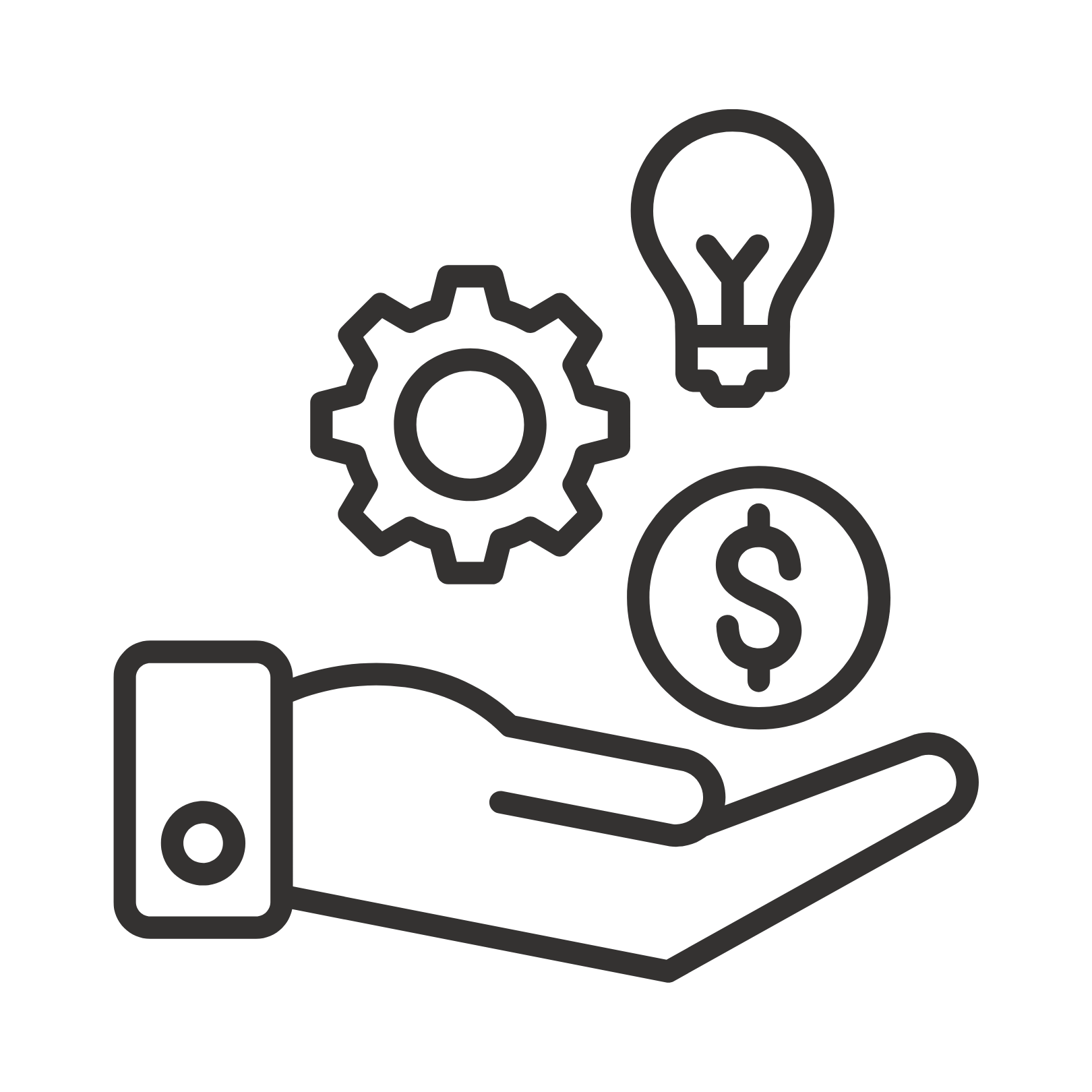Outline icon of a hand holding a dollar coin with gears, a lightbulb, and a dollar sign floating above.