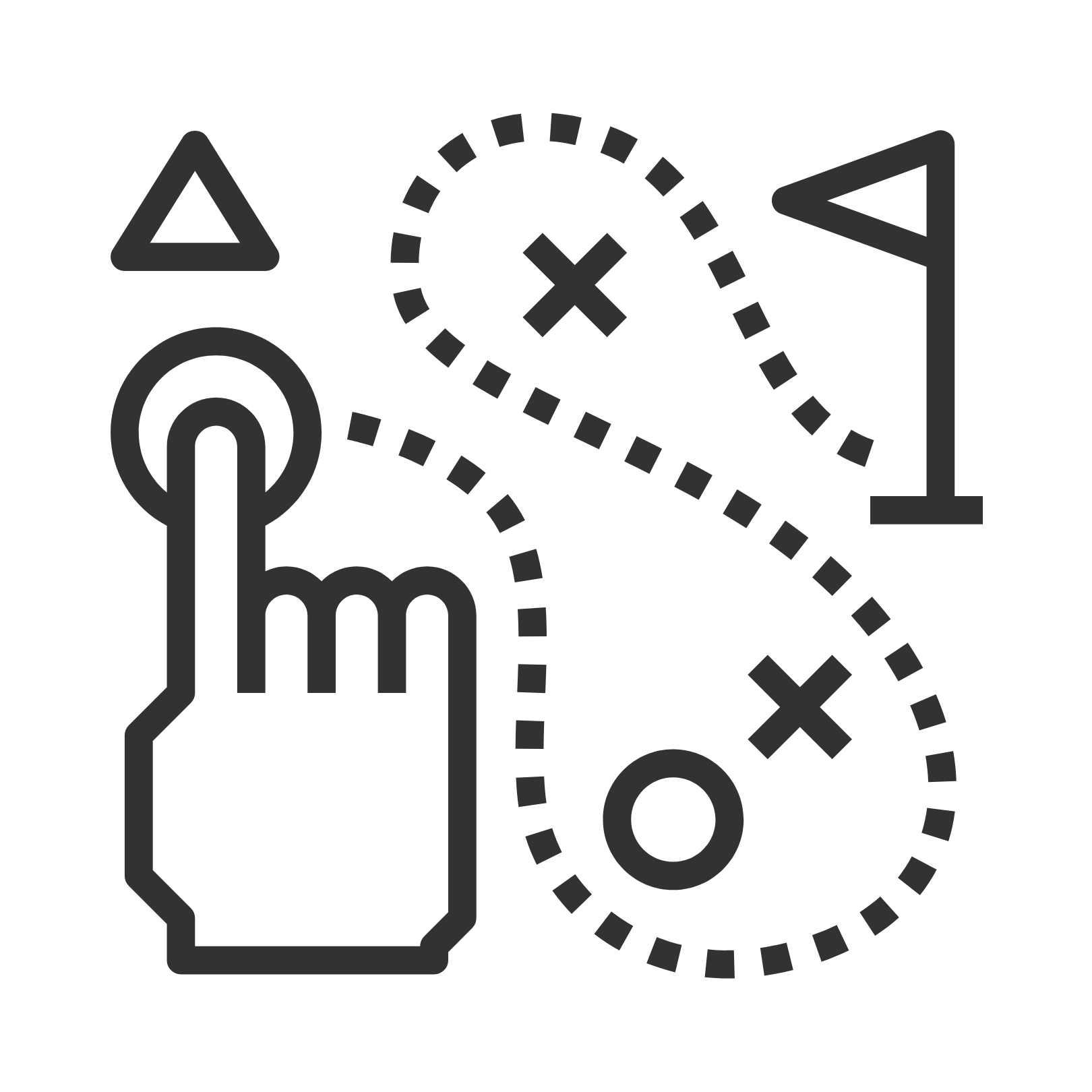 Icon of a hand using a touchscreen device, with various navigation and planning symbols like dashed pathways, a flag, and directional arrows.