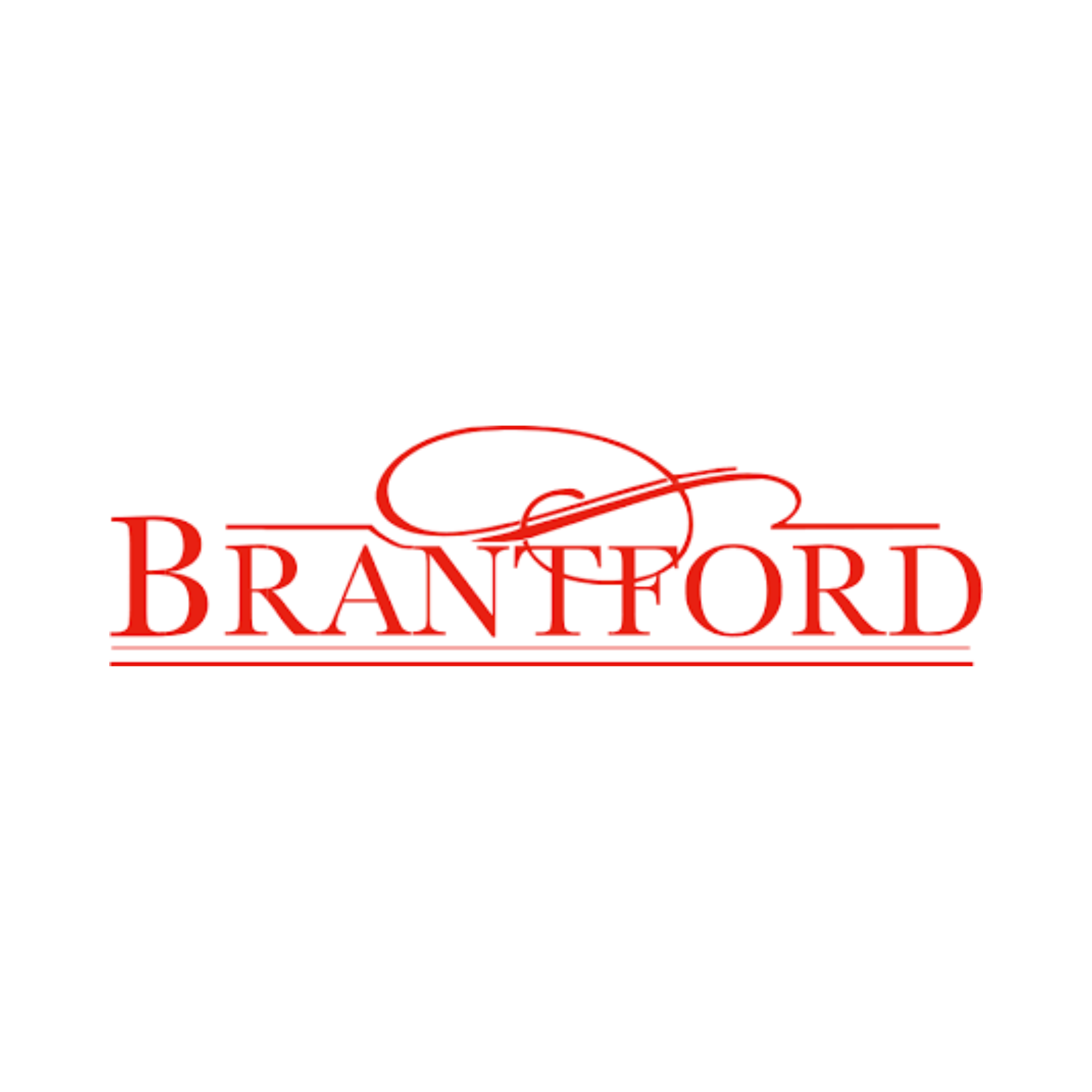 Stylized red logo with the word "Brantford" in a serif font and decorative swoosh elements above and below.