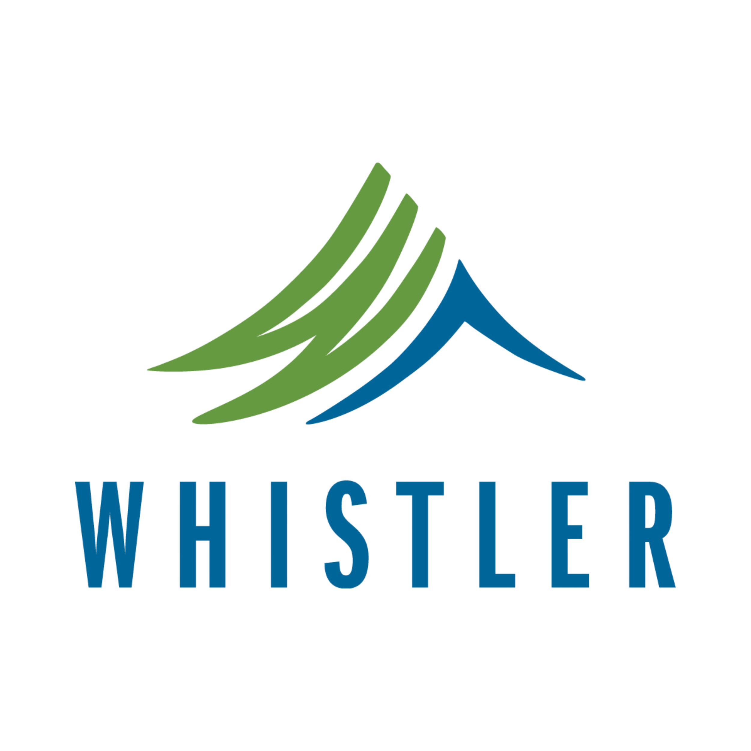Logo with stylized mountain peaks in green and blue, with the word 'WHISTLER' below in bold blue letters.
