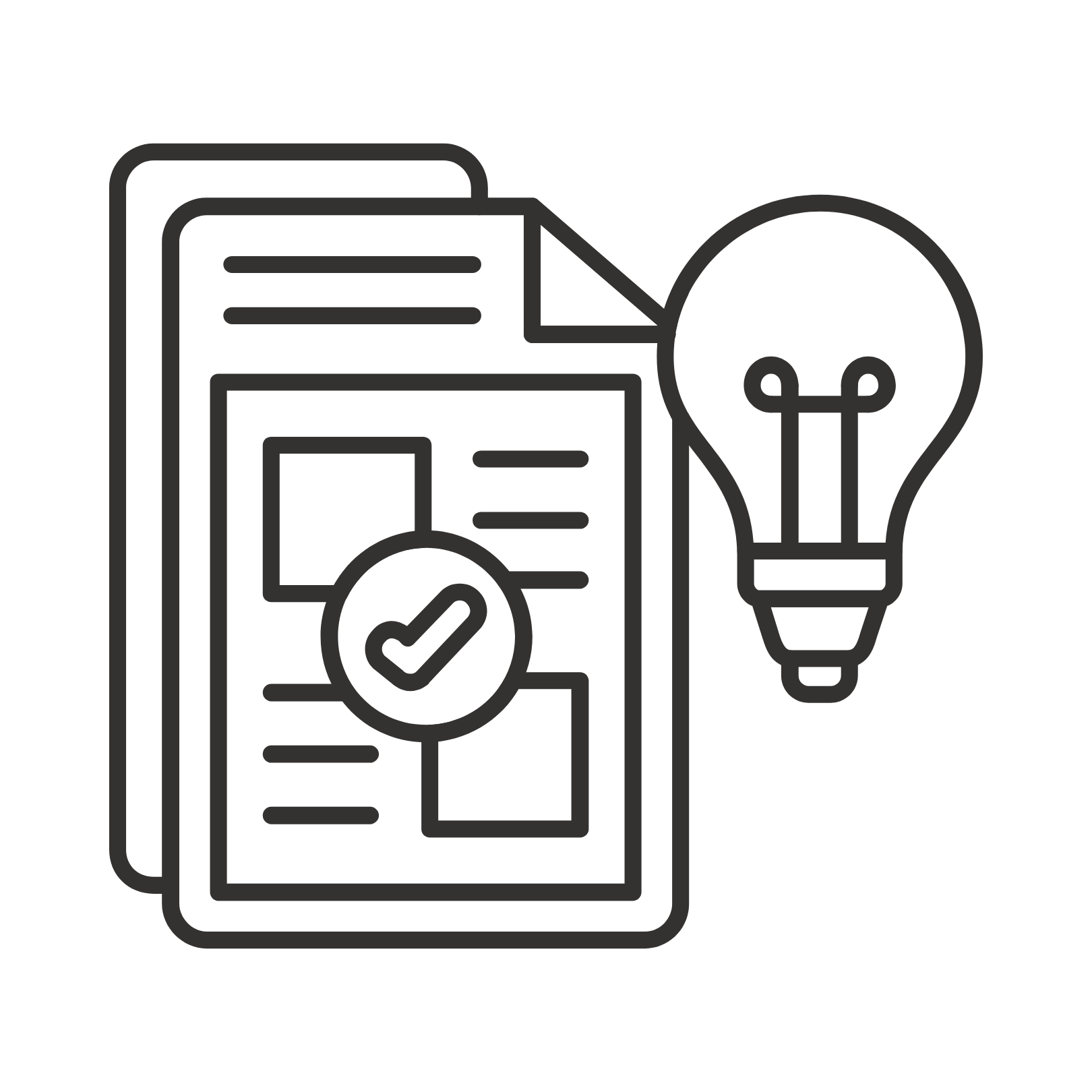 Outline of documents with a checkmark and a lightbulb.