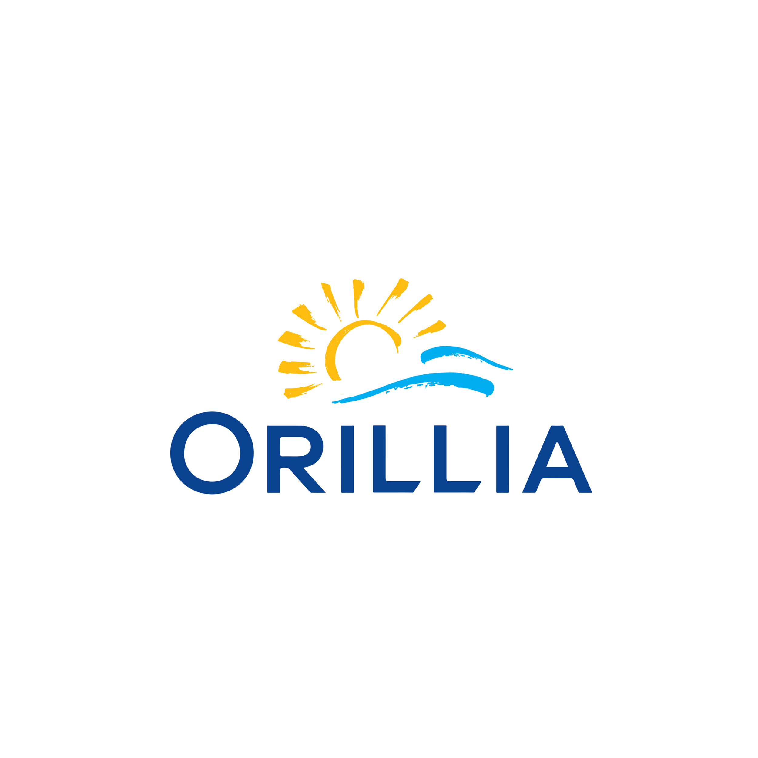 Logo of Orillia featuring a stylized sun, water wave, and the word 'ORILLIA' in blue text.
