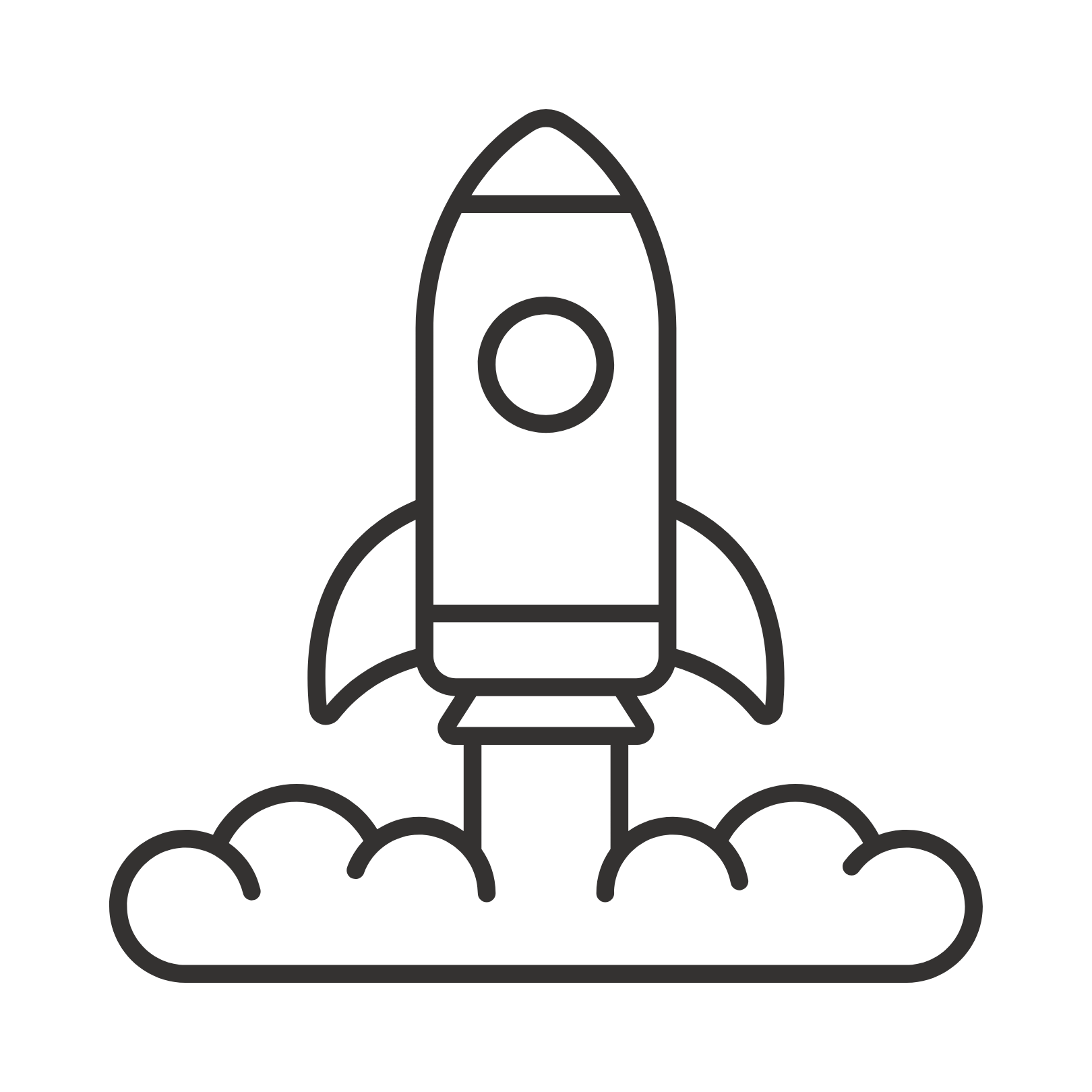Line drawing of a rocket launching with smoke clouds underneath.