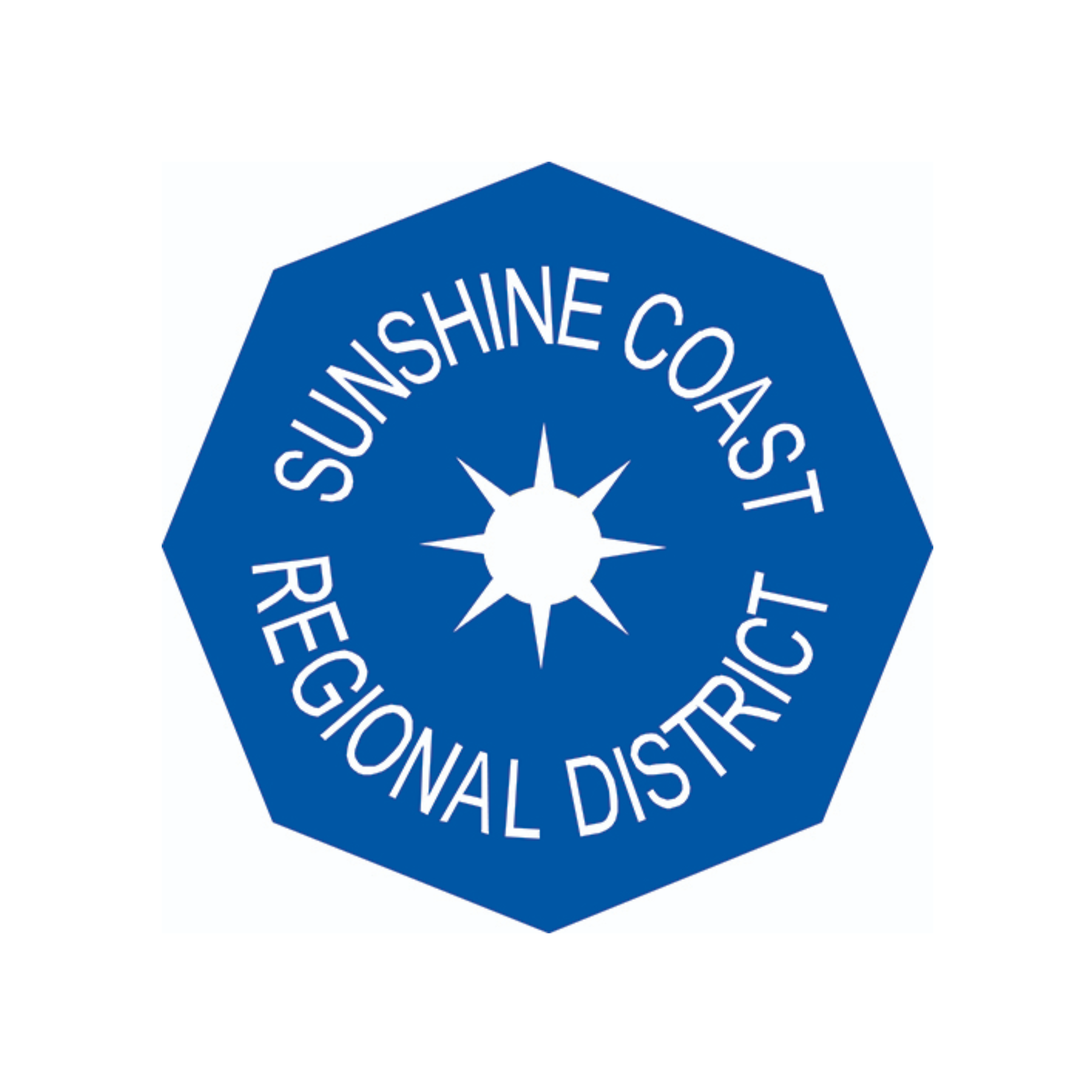 Logo of Sunshine Coast Regional District with an octagonal blue background, white text, and a white compass rose in the center.