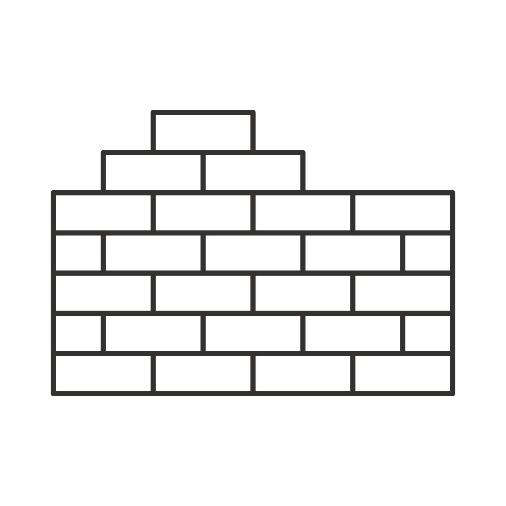 Outline of a brick wall with five rows, with the top row having one brick, second has two, third has four, fourth has five, and fifth has six bricks.