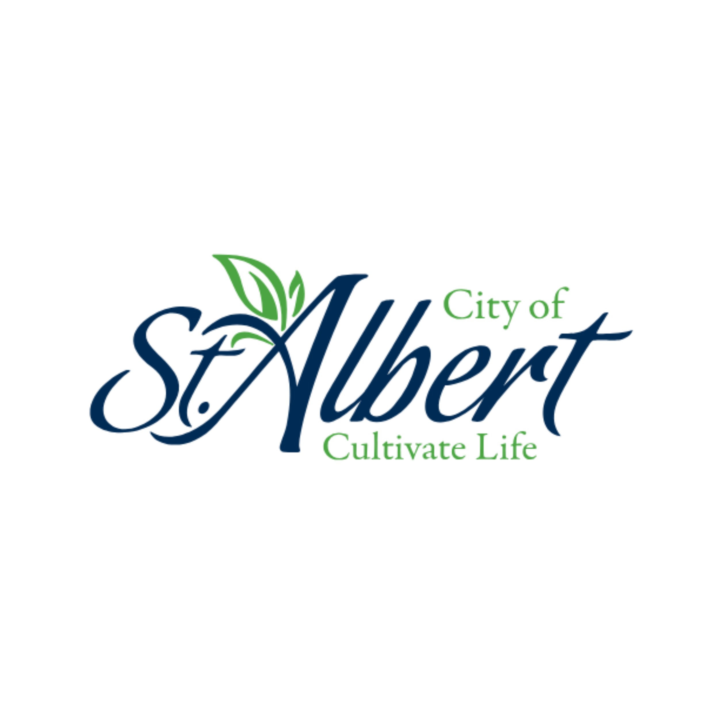 Logo of the City of St. Albert with the slogan 'Cultivate Life', featuring stylized text, a green leaf, and a plant motif.