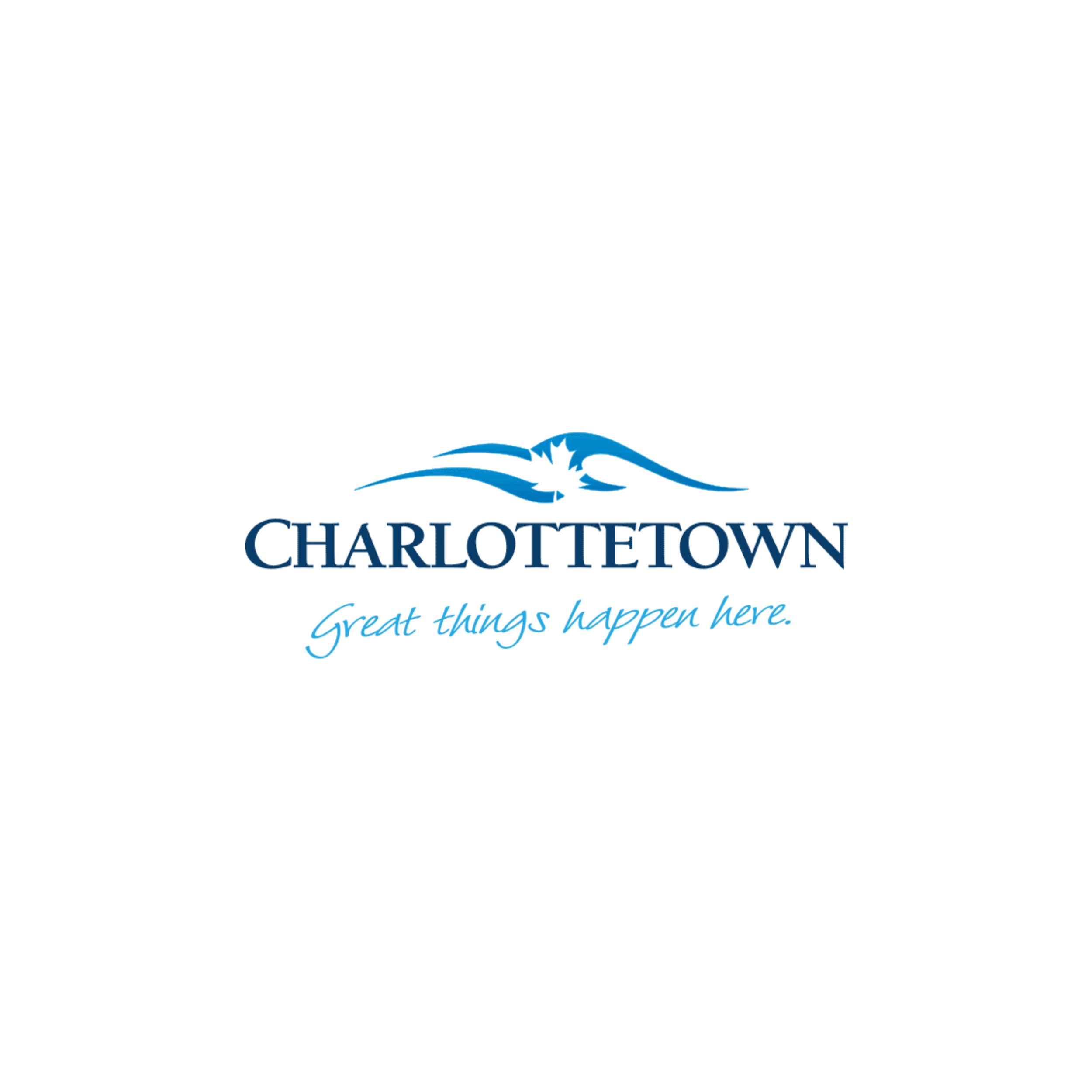 Charlottetown logo with a stylized wave and star, tagline 'Great things happen here' in blue on a white background.