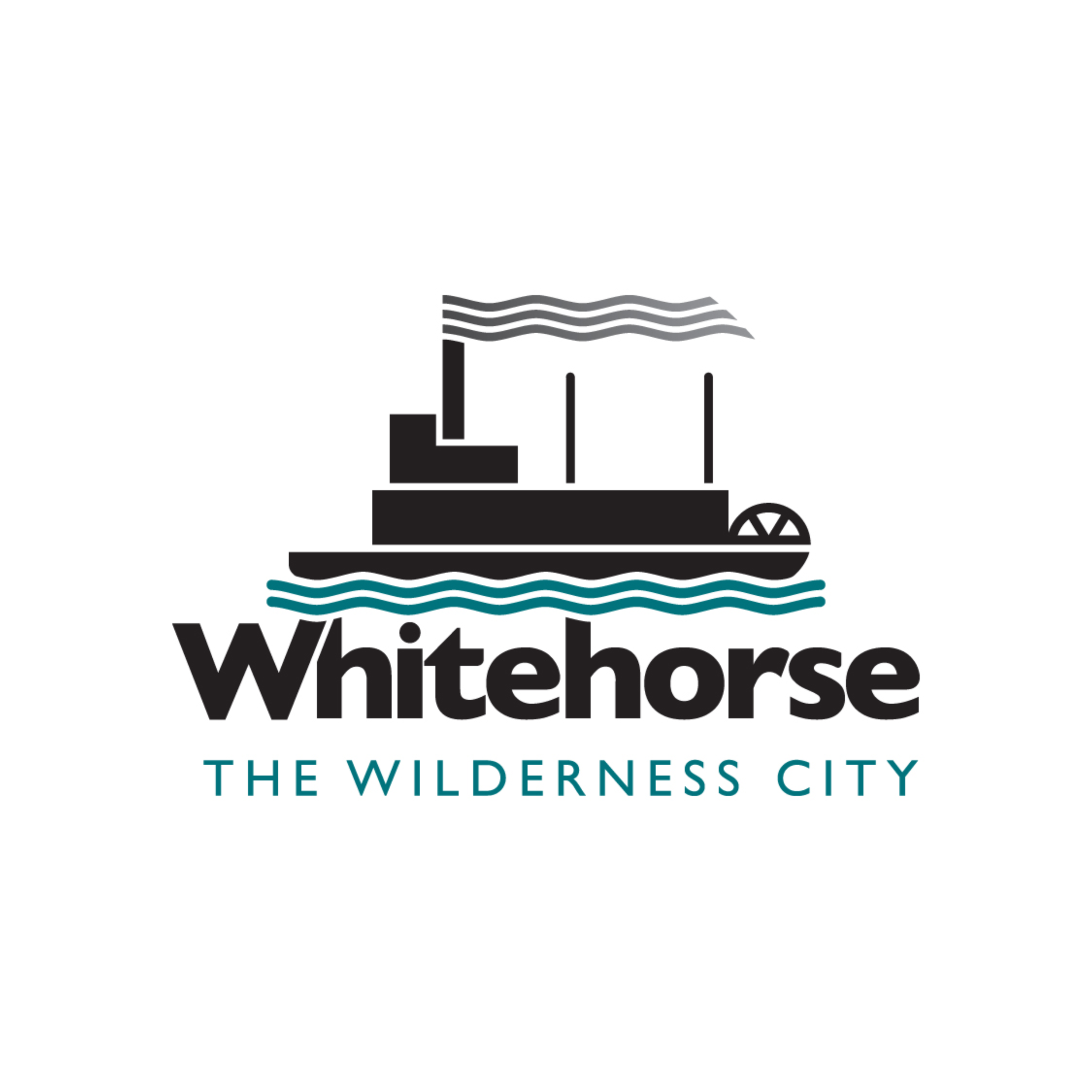 Logo featuring a stylized black steamboat with waves and smoke, with the text "Whitehorse" in bold black and "The Wilderness City" in teal.
