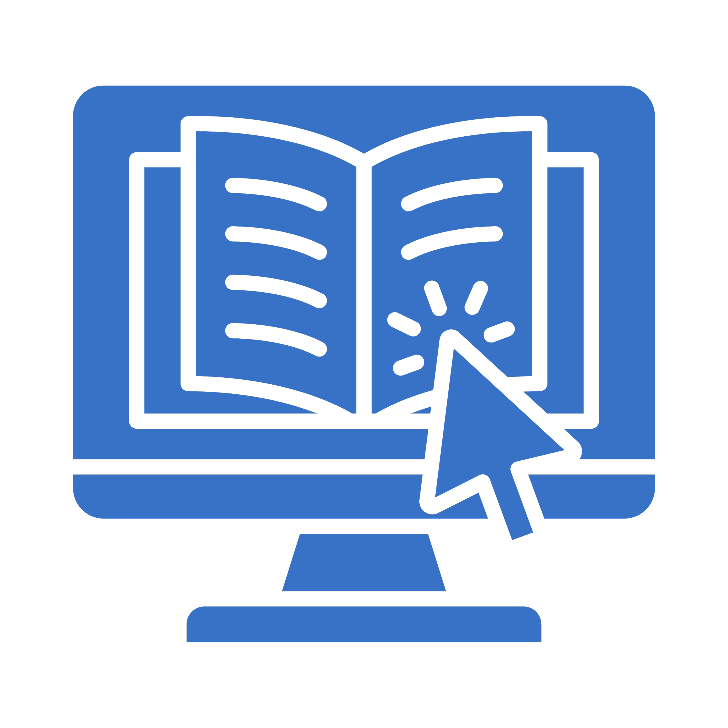 Icon of a computer monitor displaying an open book with lines of text and a cursor pointer.