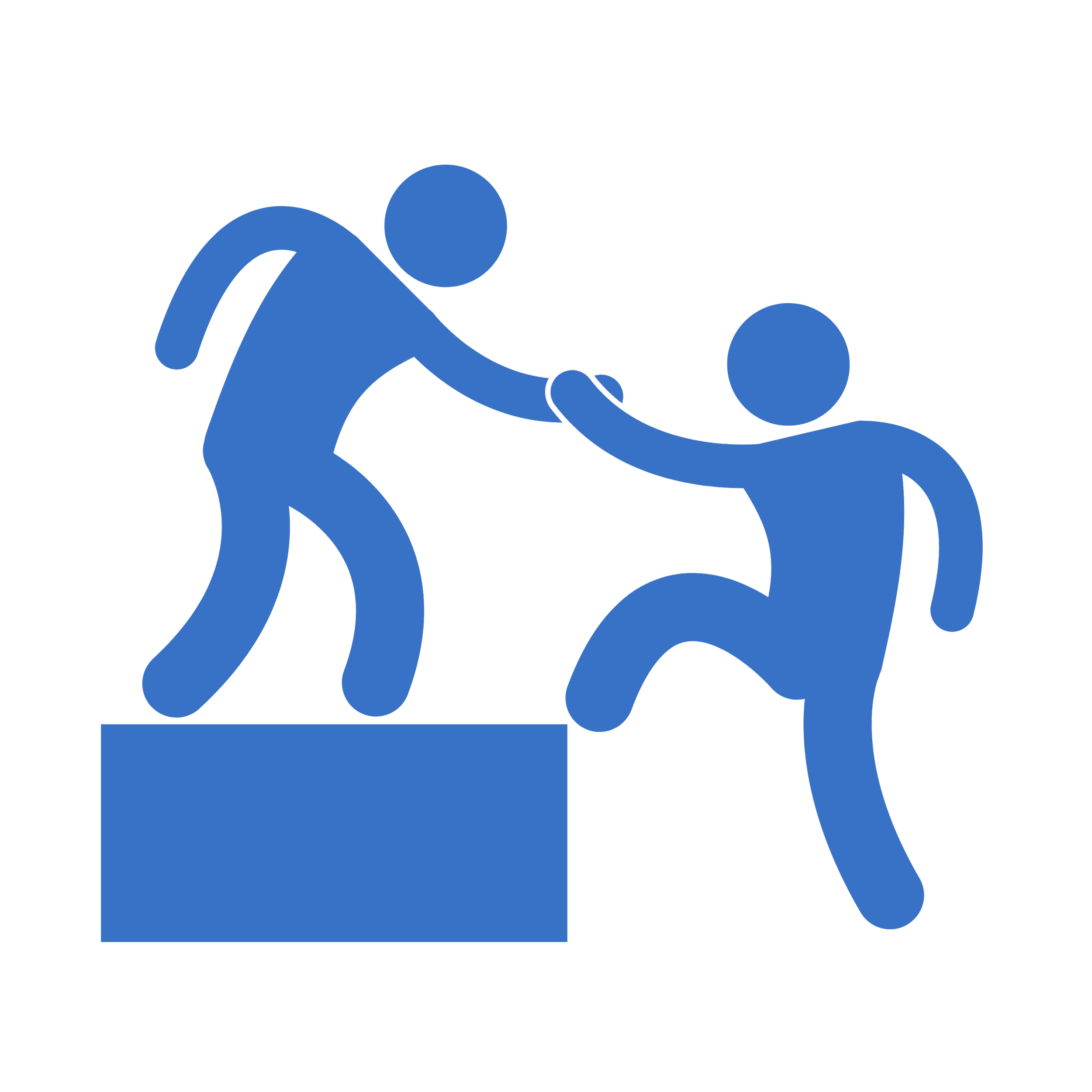 Blue stick figure icons depicting one figure helping another up onto a platform, symbolizing assistance or support.
