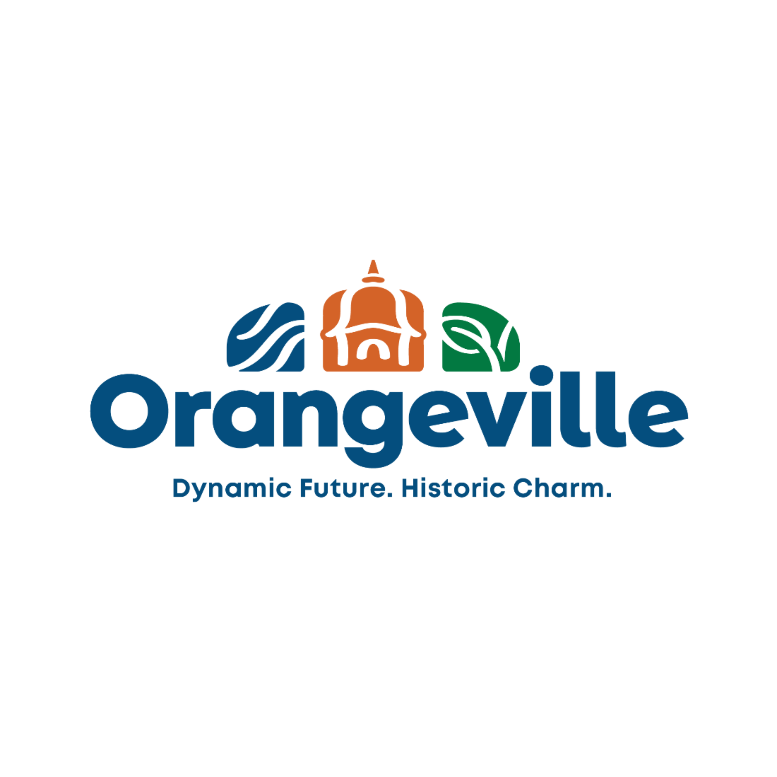 Logo for Orangeville, featuring stylized icons of a wave, a historic building, and a leaf, with the text 'Orangeville' and the slogan 'Dynamic Future. Historic Charm.'