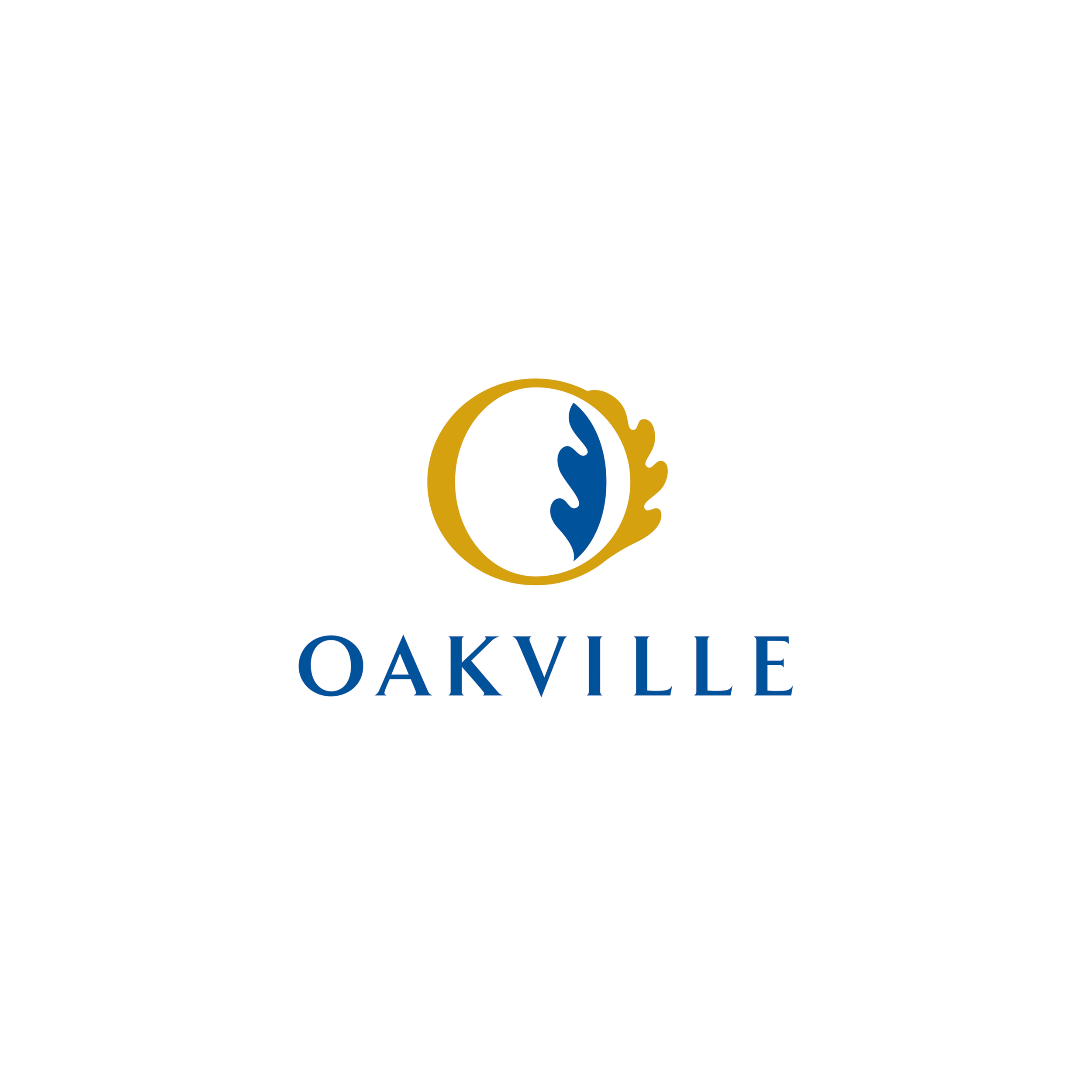 Logo with a gold and blue abstract design resembling a stylized oak leaf and the word 'OAKVILLE' written below in blue capital letters.
