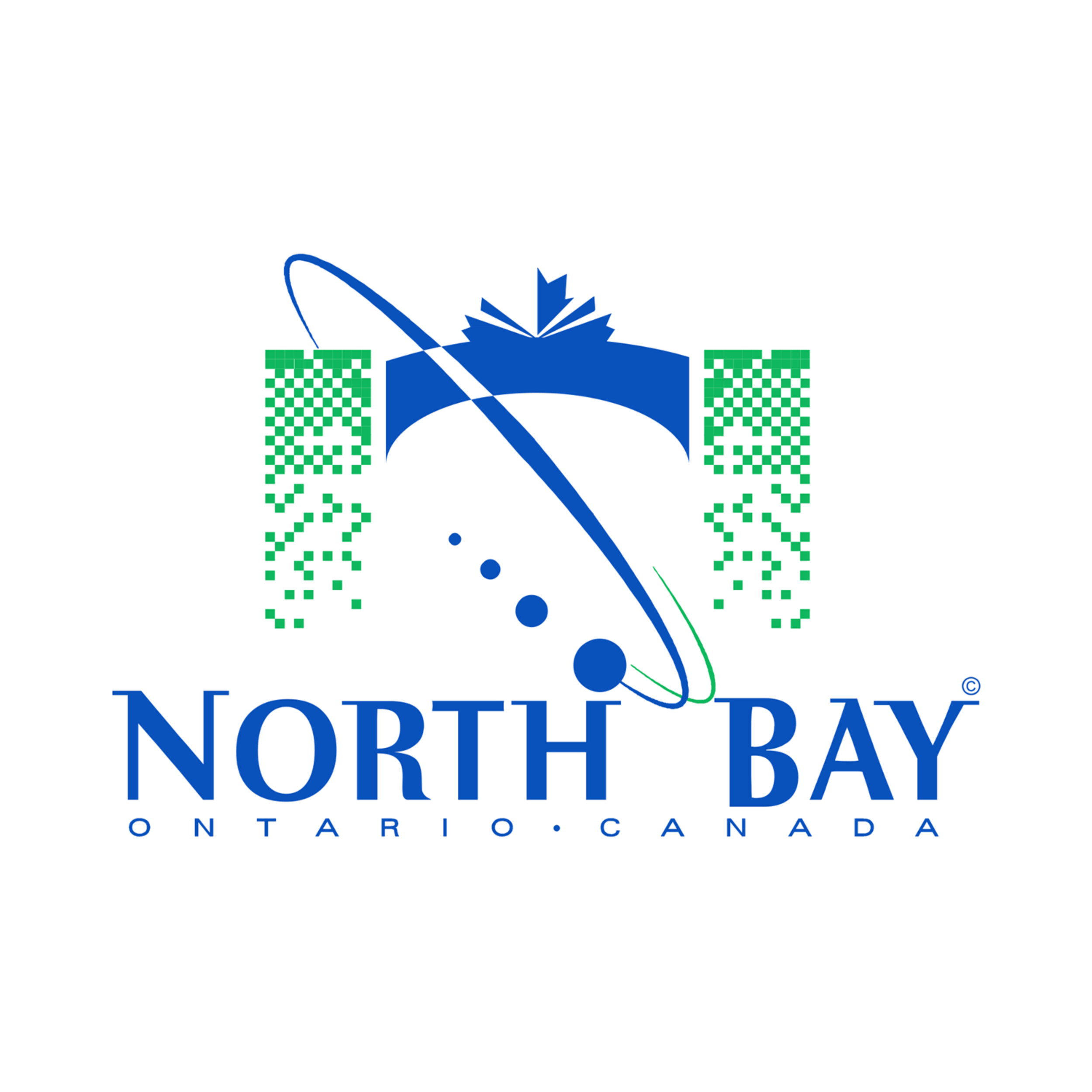 North Bay Ontario Canada logo with a stylized open book and a celestial orb with orbits, two green QR codes, and the text 'North Bay Ontario Canada' in blue.